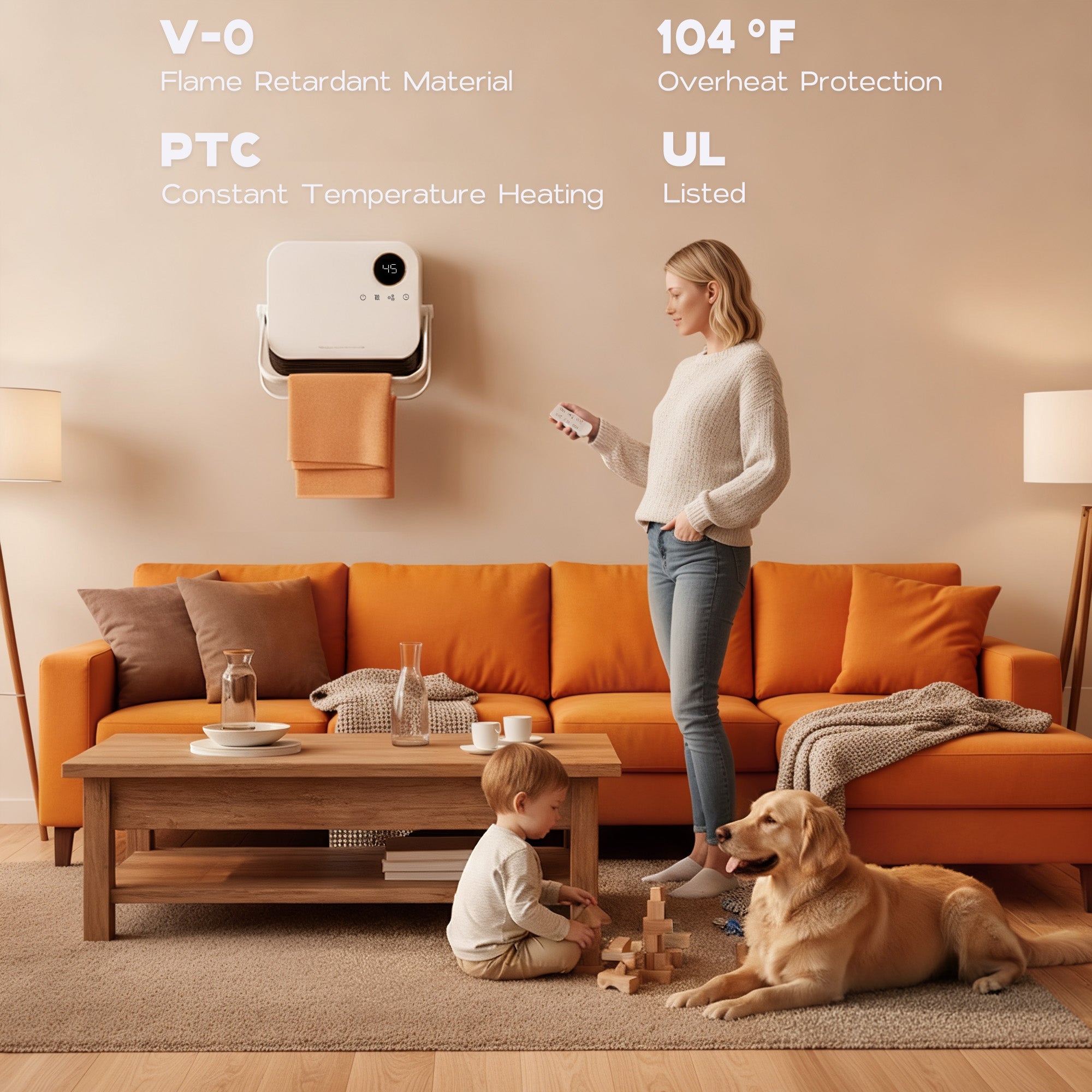 Woman standing next to a wall-mounted heating device in a living room with a child and dog.