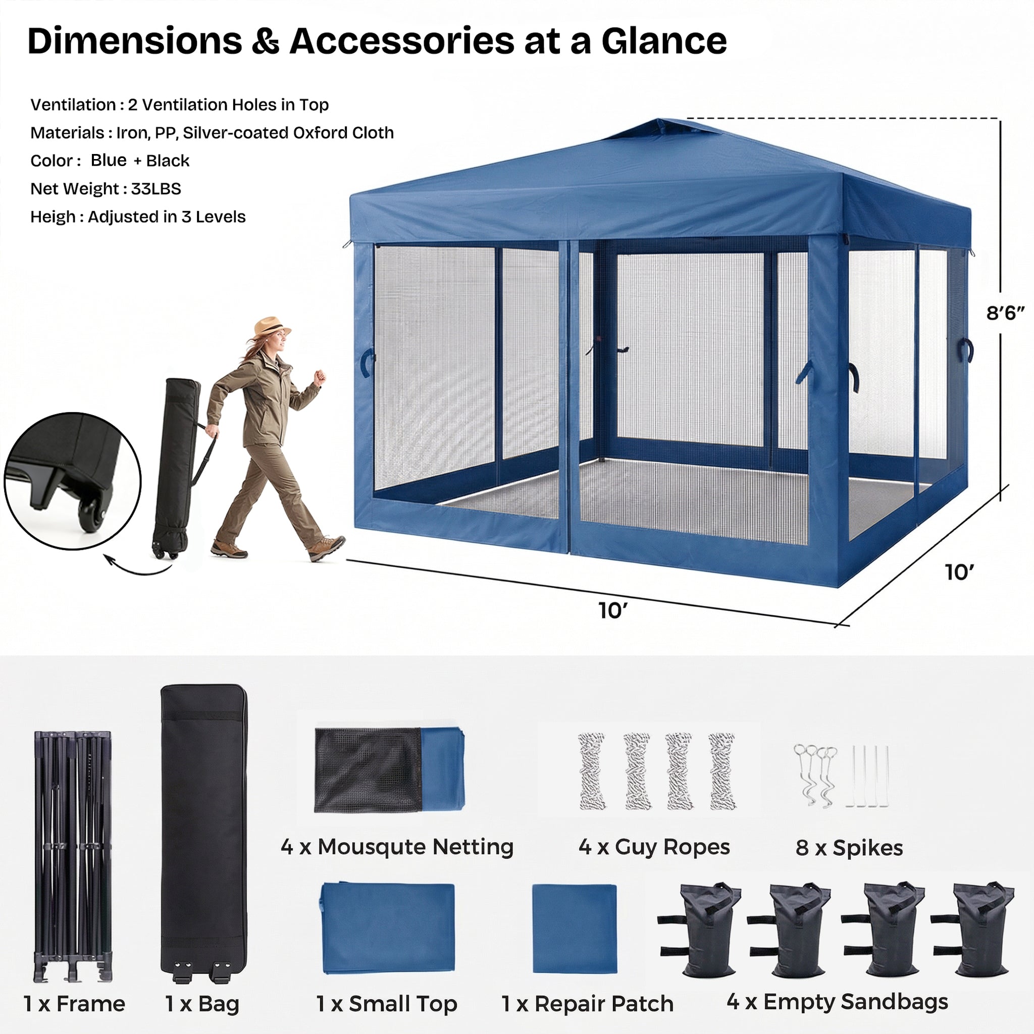 Blue canopy tent with dimensions and accessories listed, including ventilation holes, frame, bag, and sandbags.