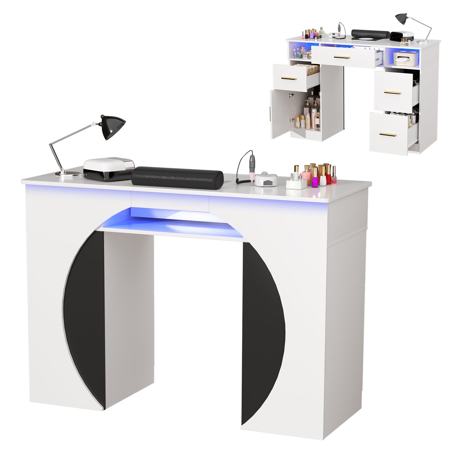 White nail salon desk with LED lighting, drawers, and stationery on a white background