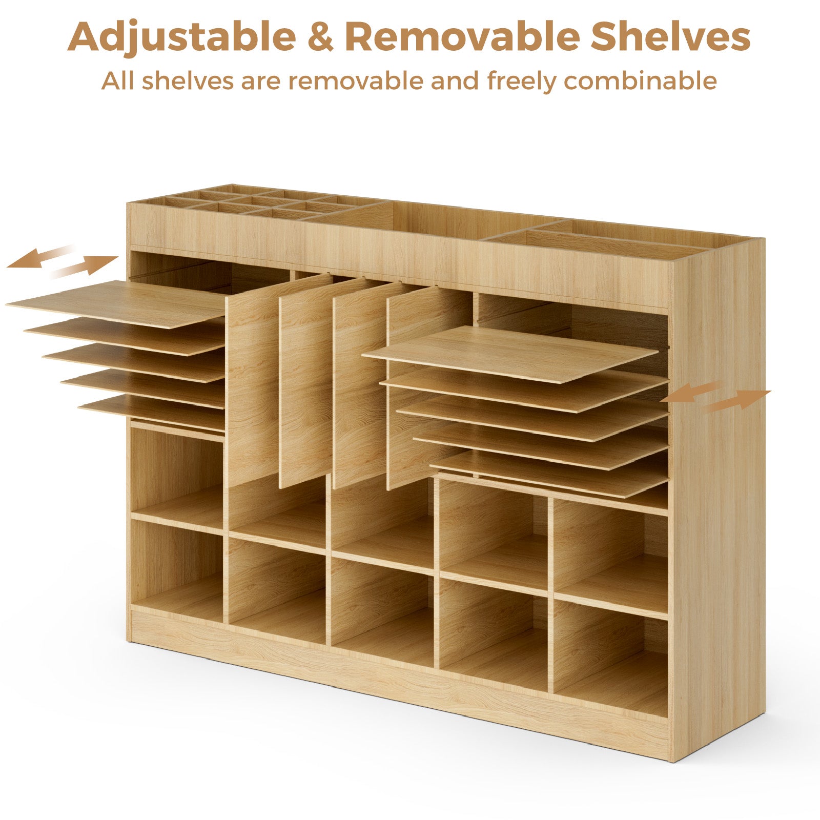 Wooden shelving unit with adjustable and removable shelves on a white background