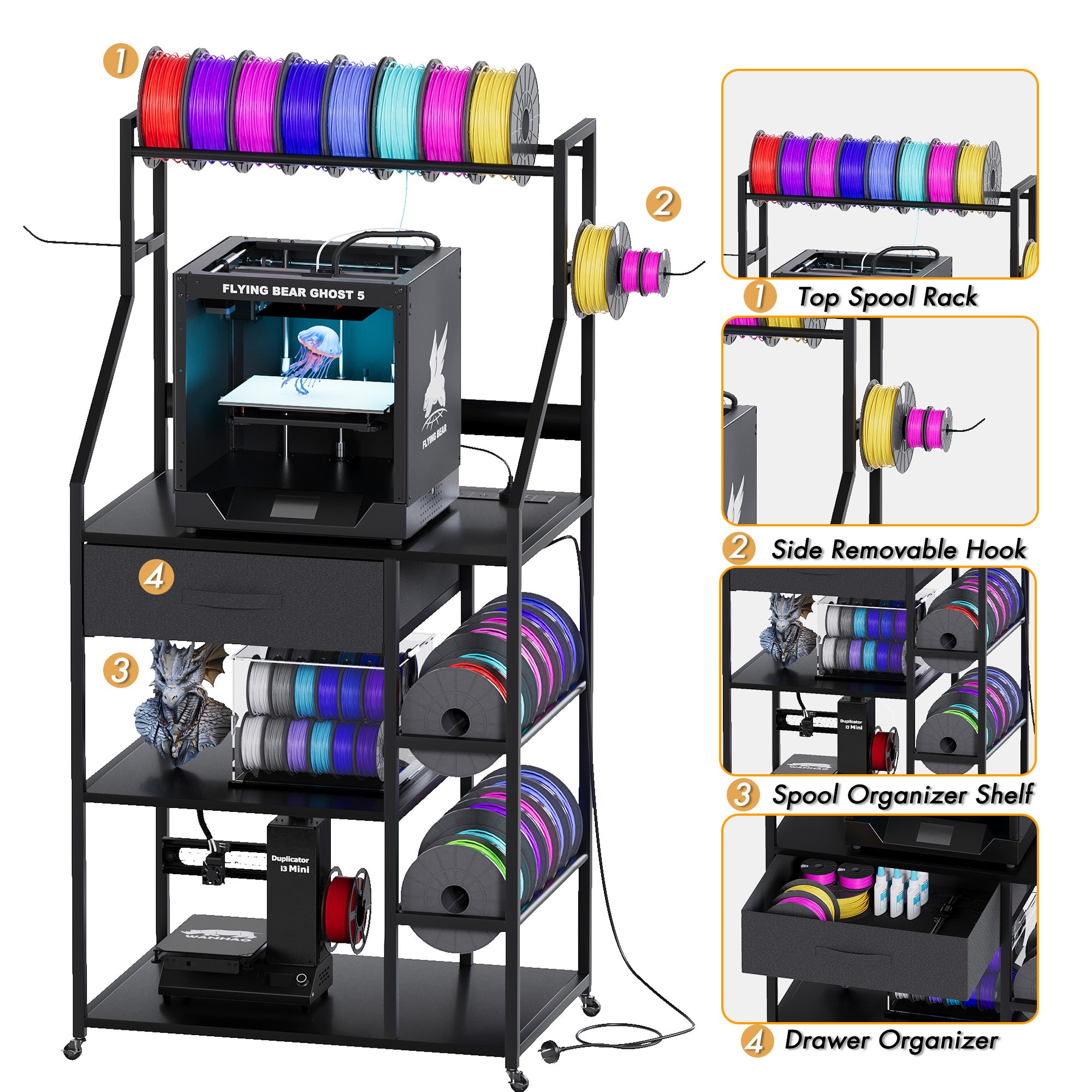 Advwin 4-Tier 3D Printer Stand w/ Drawer & Outlet