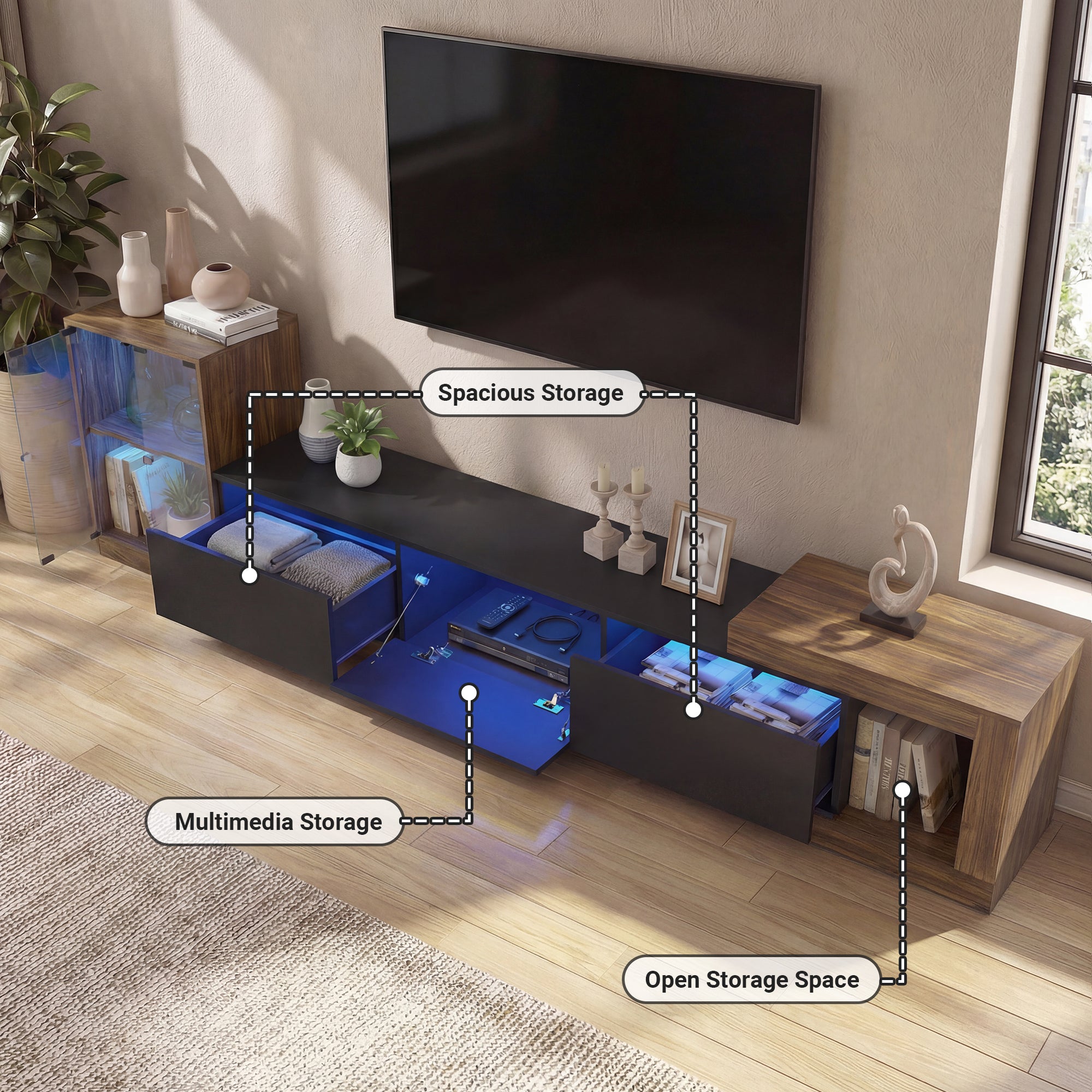 Modern entertainment console with labeled storage compartments in a living room setting.