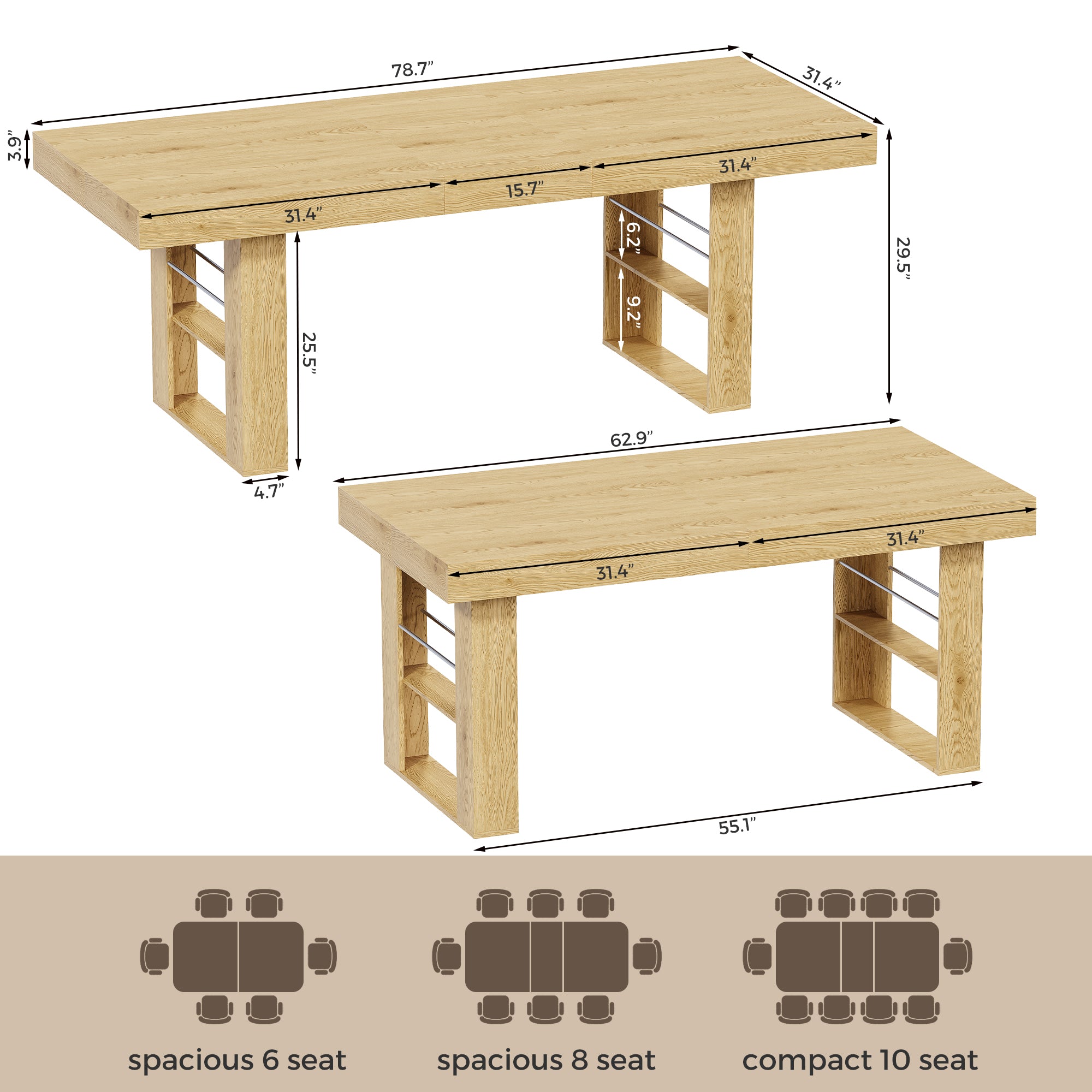 Advwin Rectangle Extendable Dining Table for 6-8