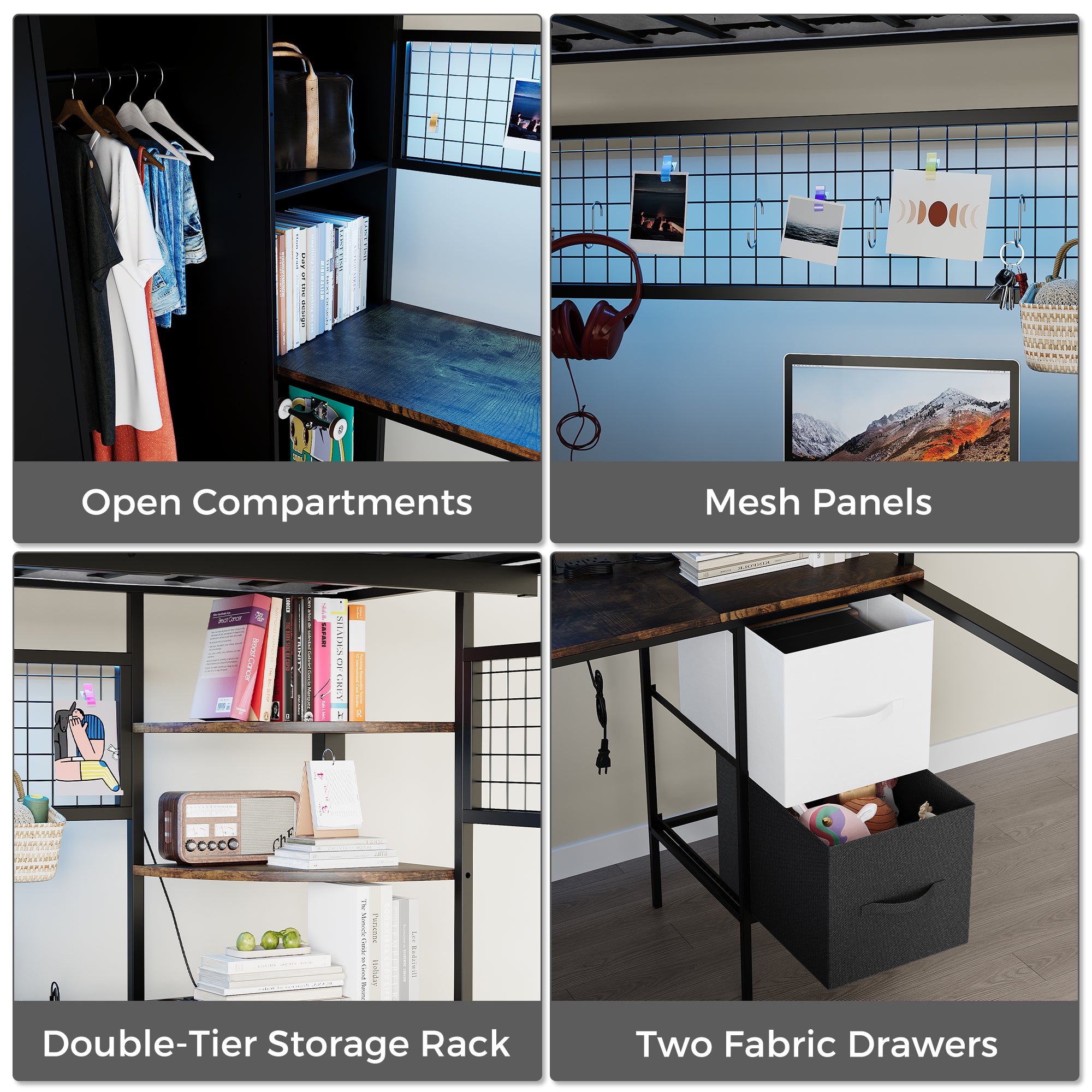 Advwin Space-Saving Loft Bed with LED Light & Drawers