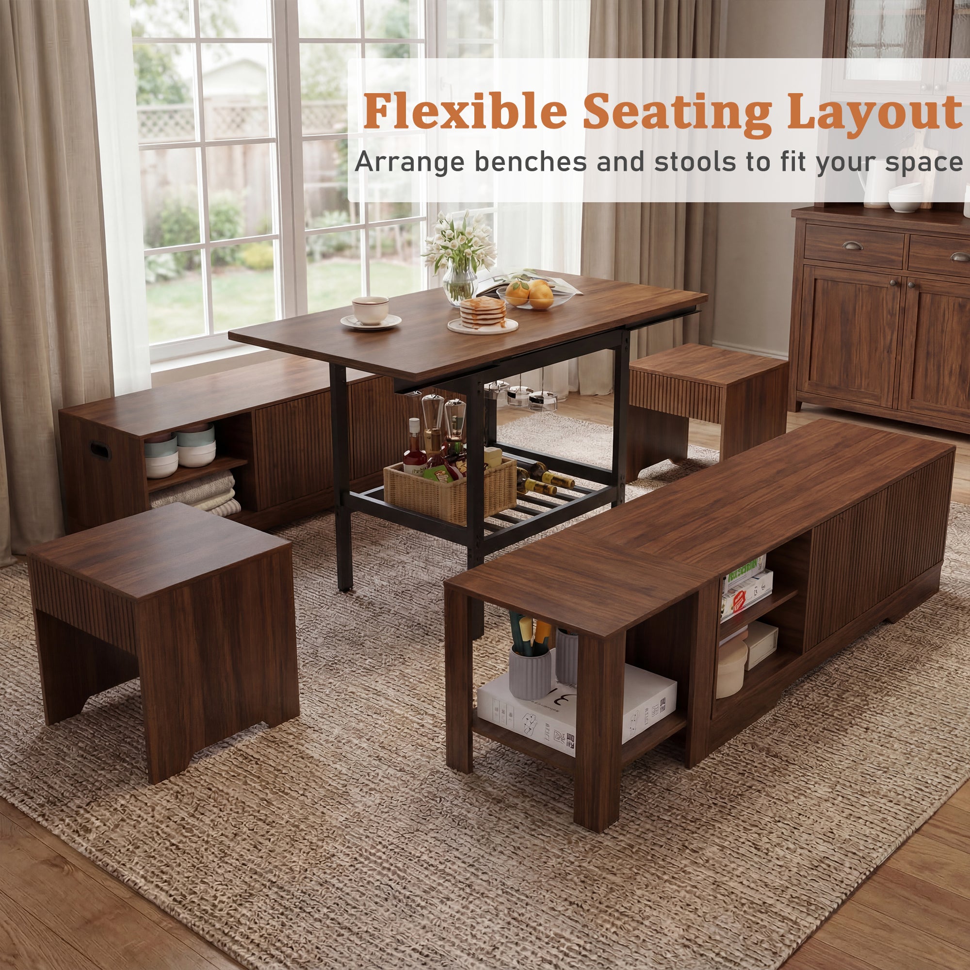 Wooden dining set with benches and stools in a room with large windows.