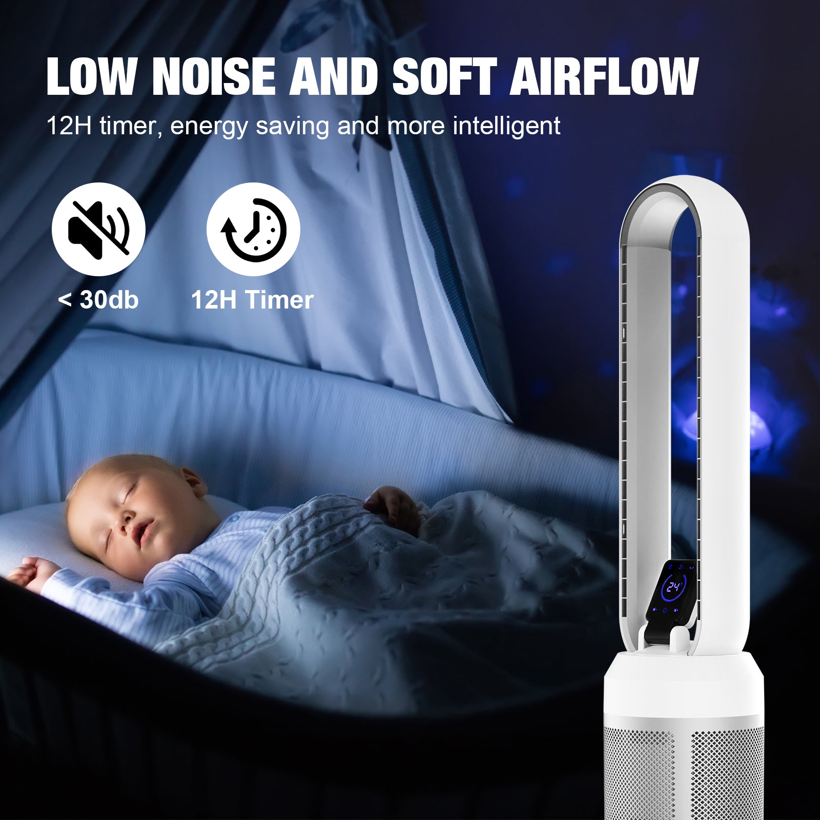Advwin Electric Bladeless Tower Fan Touch Screen 24 Speed White