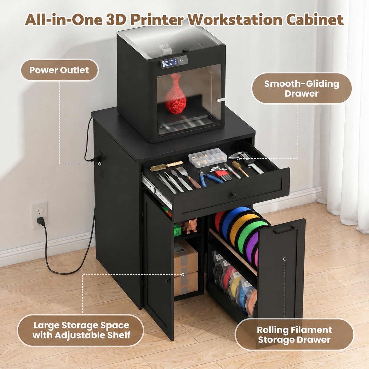 Advwin 3D Printer Cabinet w/ Built-in Power Outlet