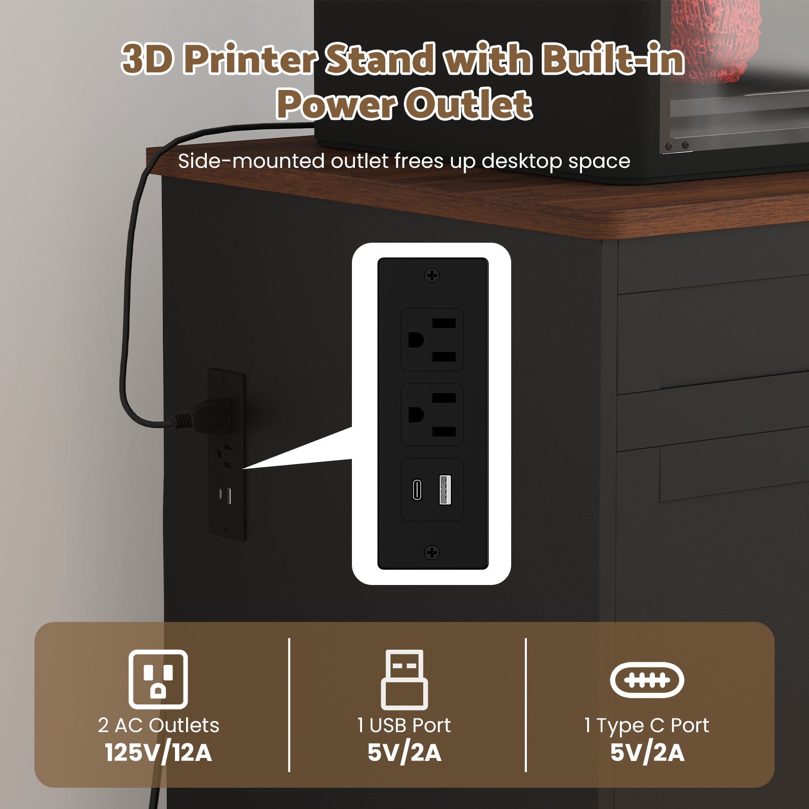 Advwin 3D Printer Cabinet w/ Built-in Power Outlet