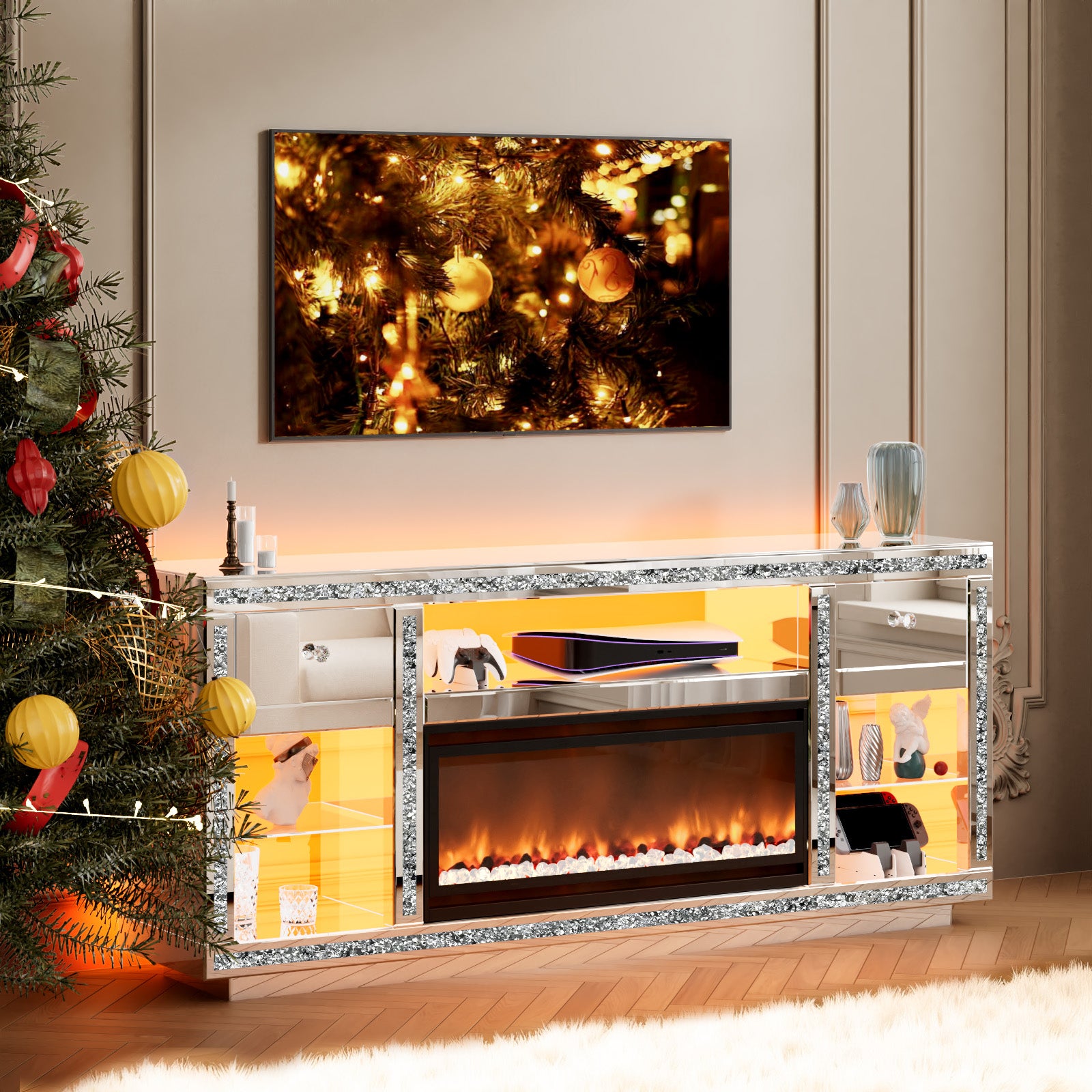 Advwin Mirrored TV Stand with Simulated Fireplace
