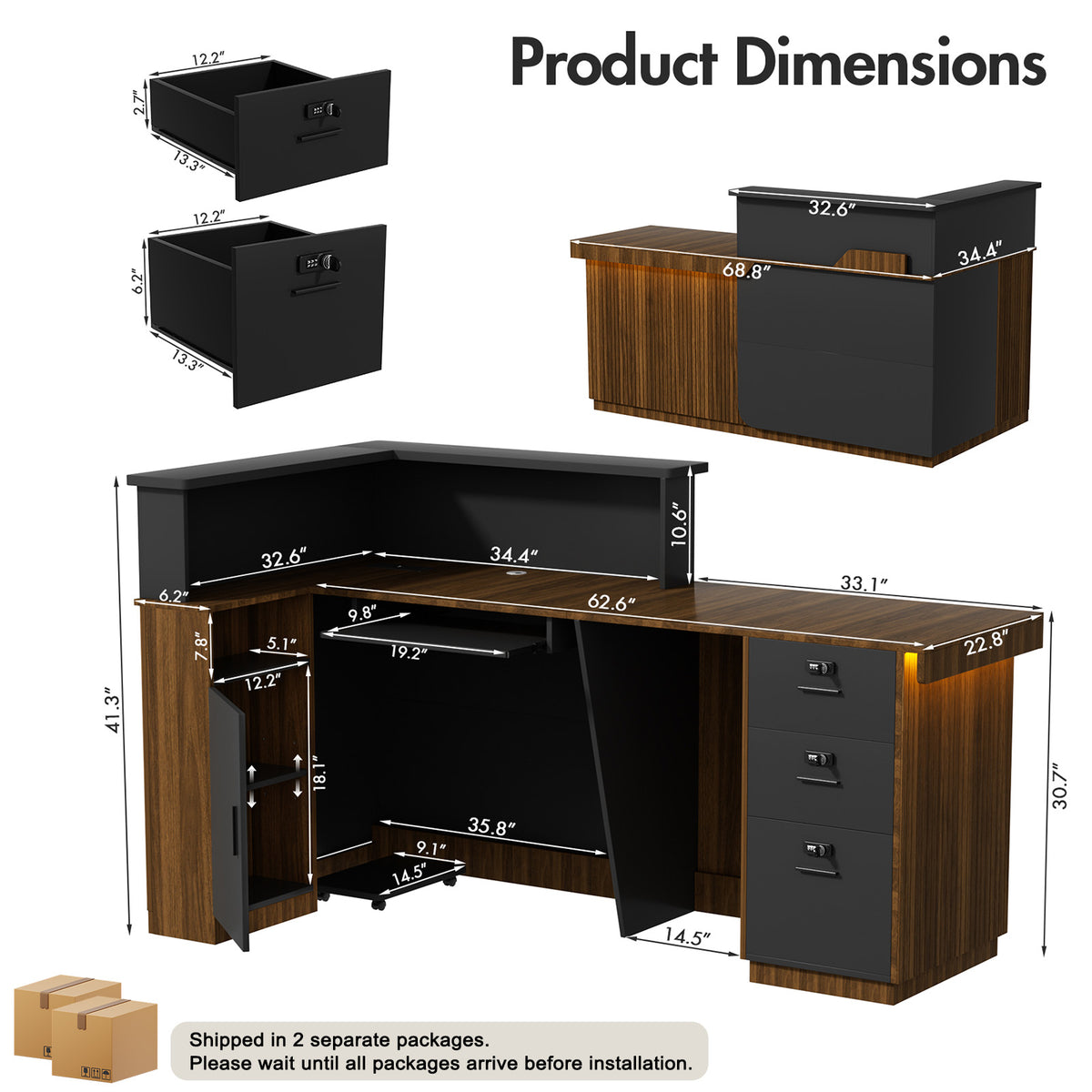 Advwin L-Shape Fluted Reception Desk w/ Counter & LED