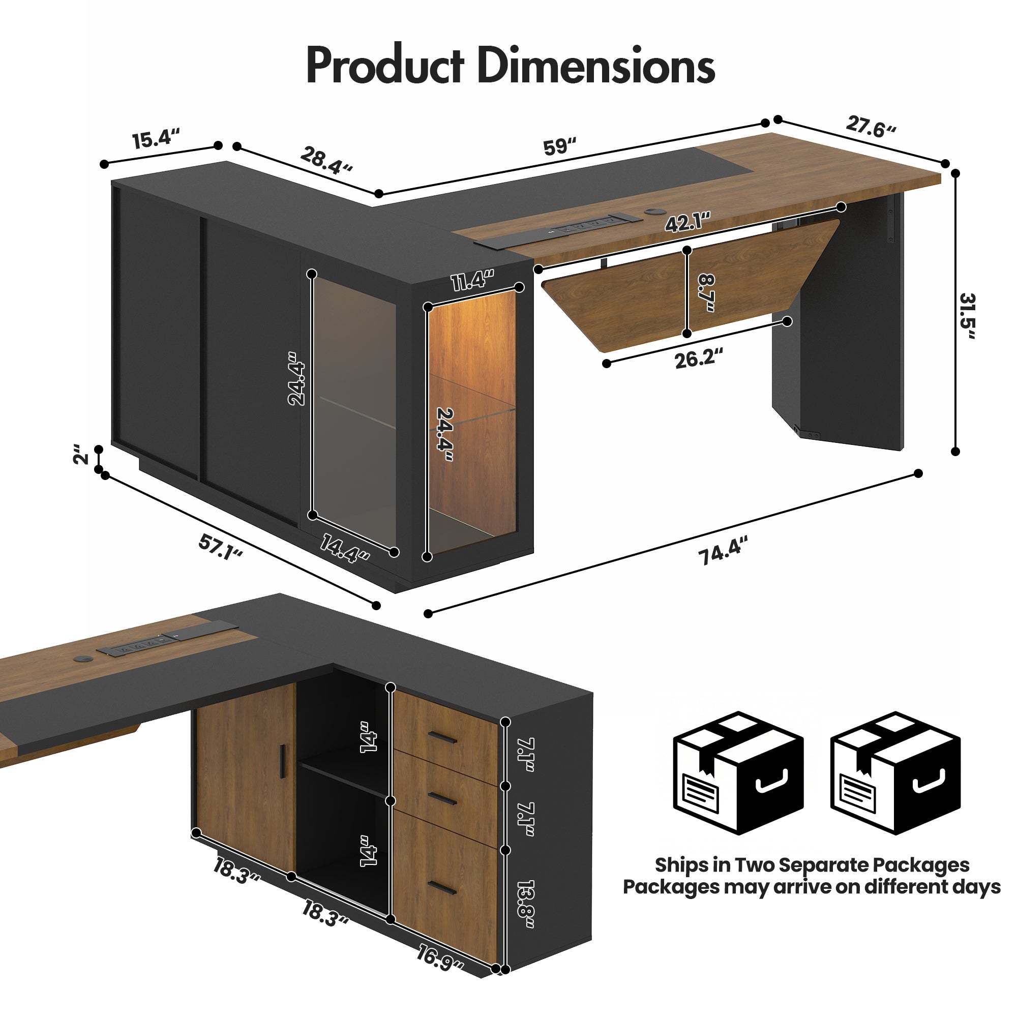 Advwin L-Shaped Executive Desk w/ Glass Display Cabinet
