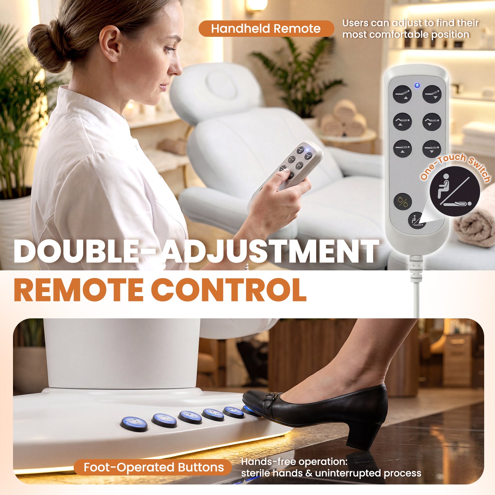 Woman using a handheld remote control in a massage chair with text highlighting features.