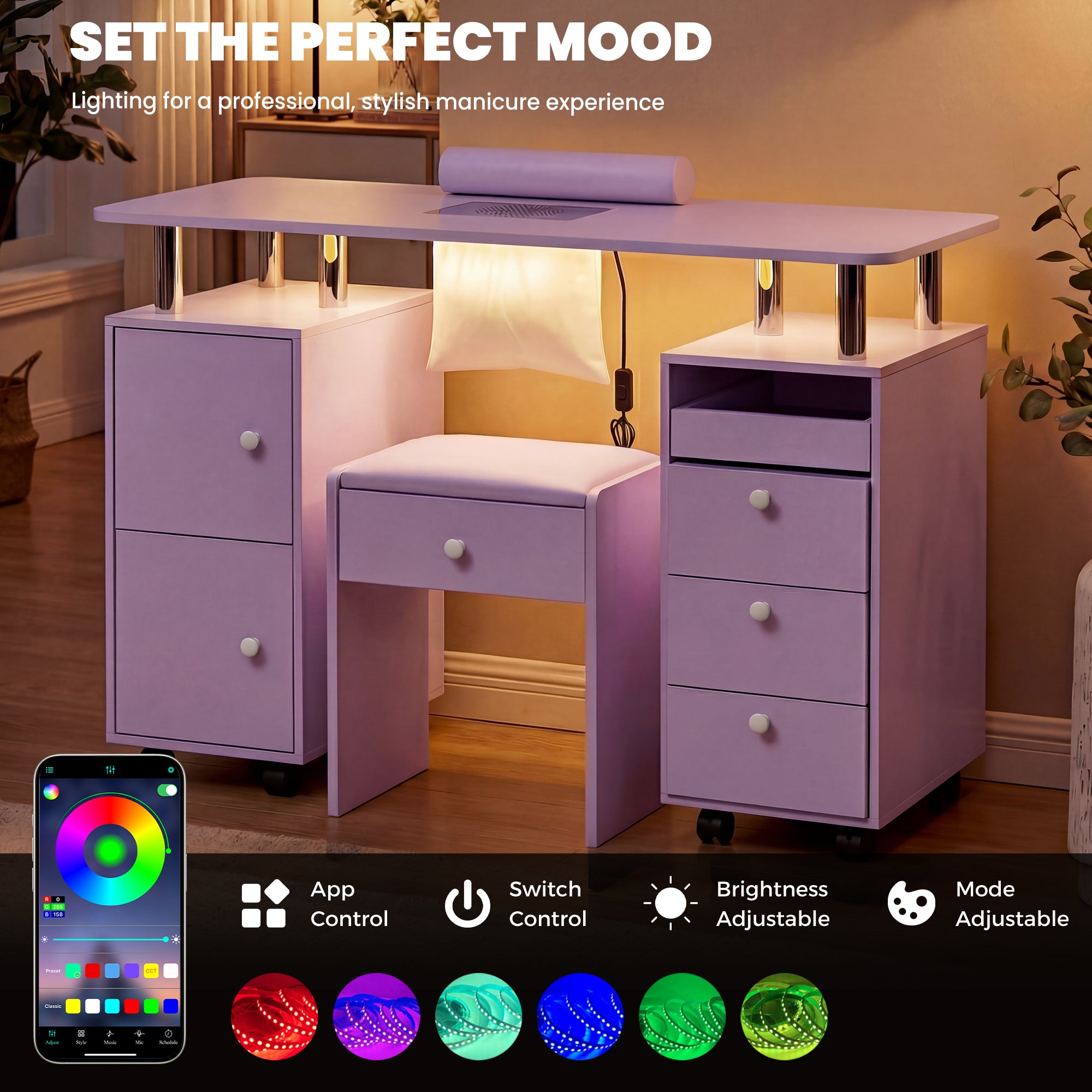 Advwin Nail Desk & Storage Stool Set for Nail Tech