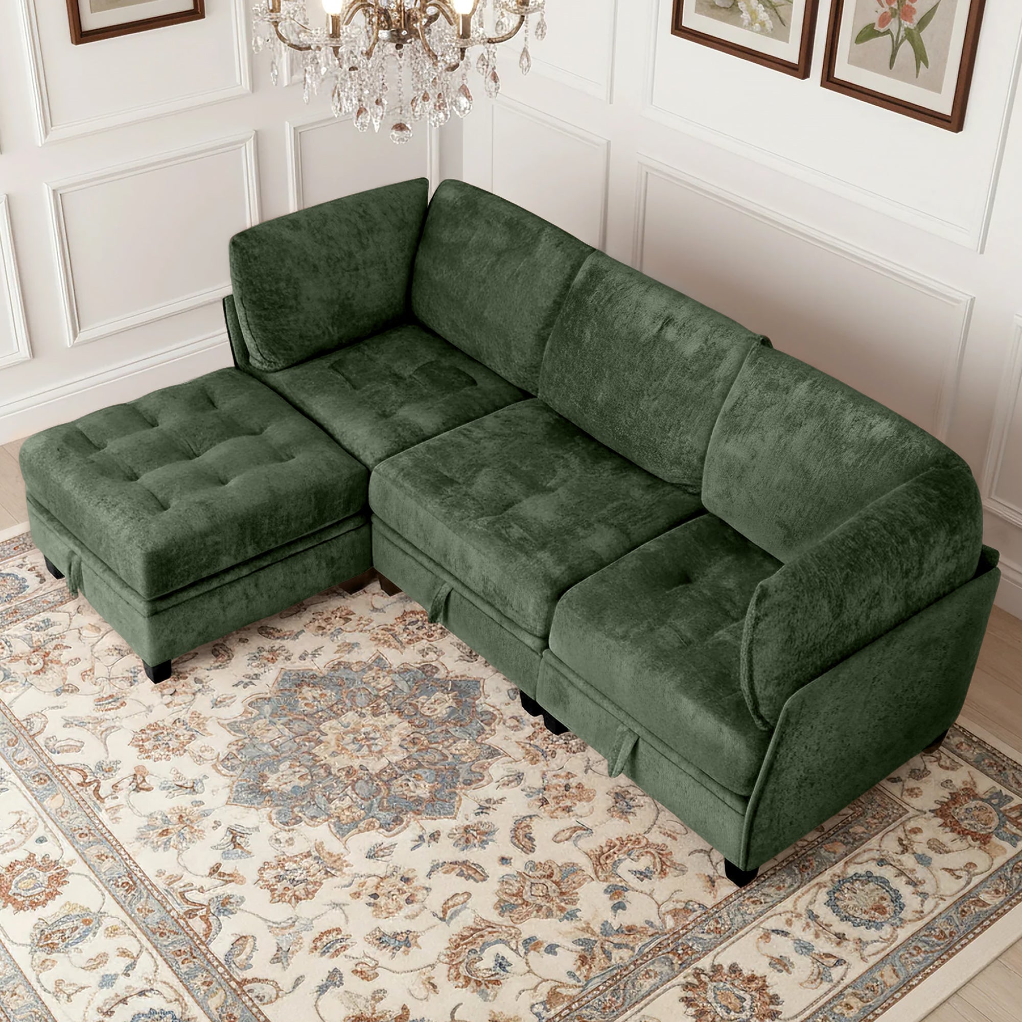 Green sectional sofa in a room with decorative elements