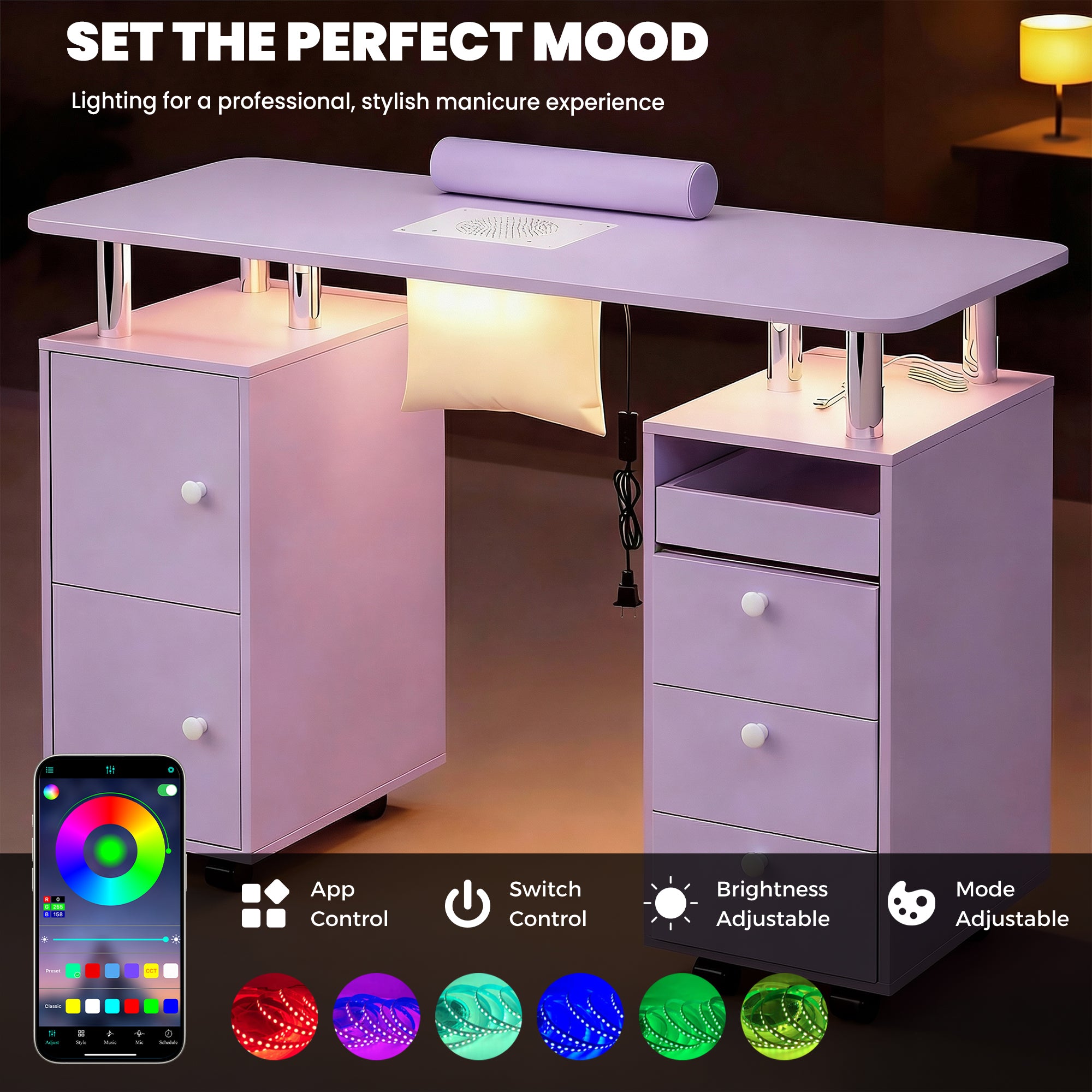 Advwin Nail Table w/ Dust Collector & Lockable Wheels Purple