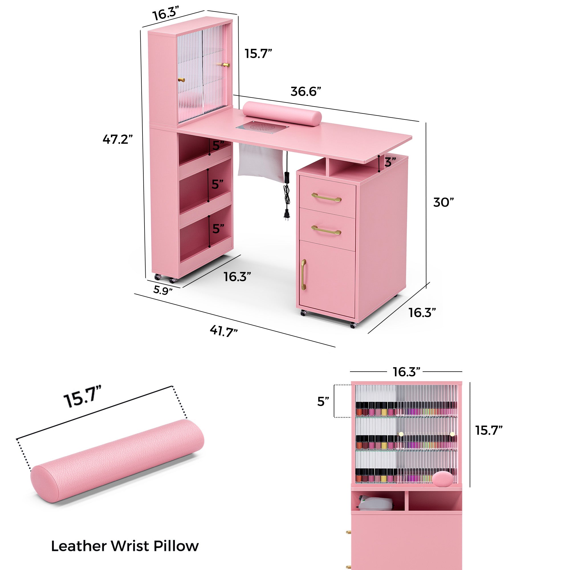 Advwin Manicure Table with Glass Door Cabinets & Wheels