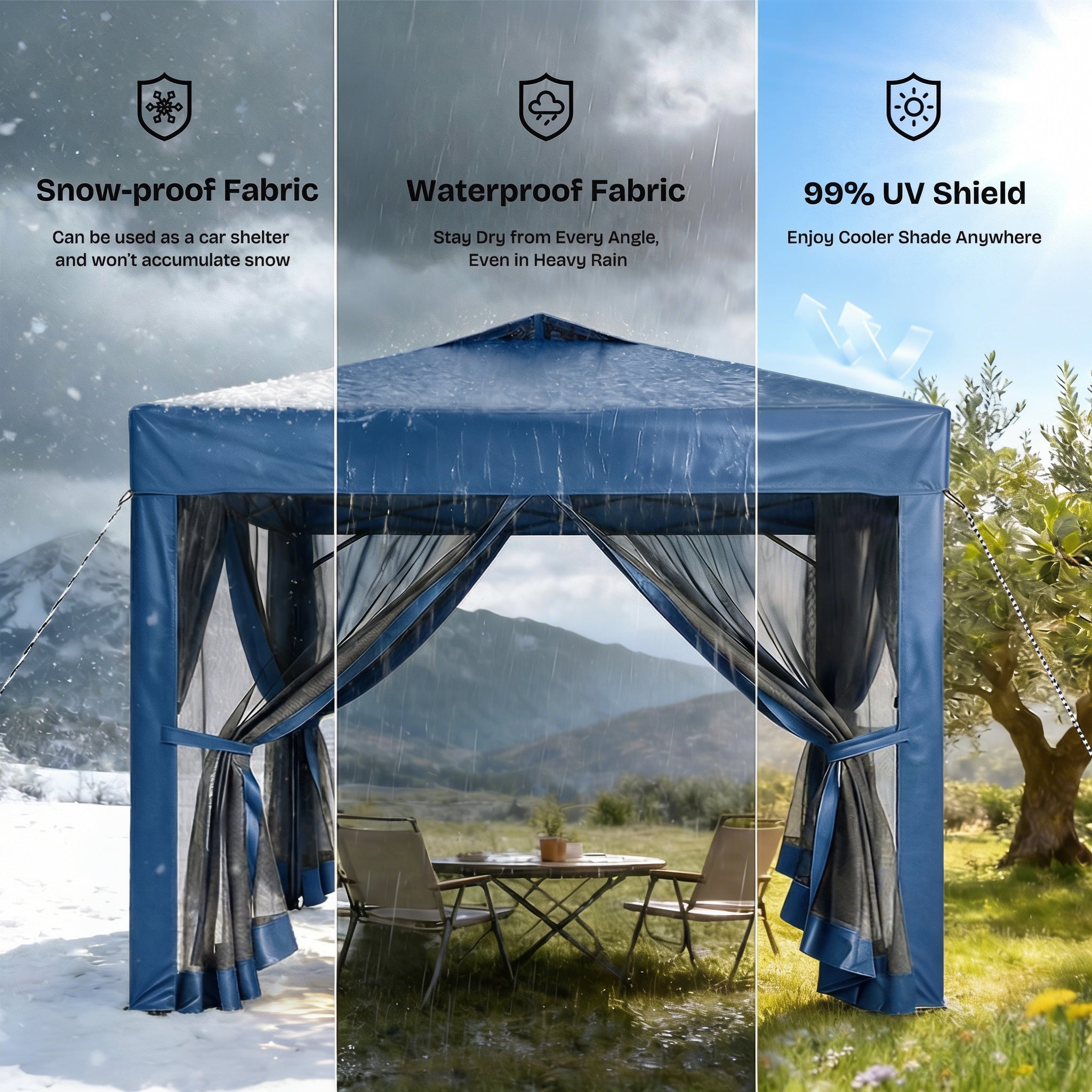 Blue outdoor canopy with snow-proof, waterproof, and UV shield features in various outdoor settings.