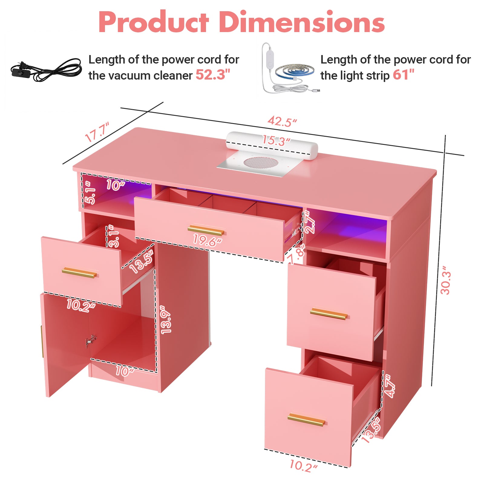 Pink desk with dimensions and product dimensions text overlay
