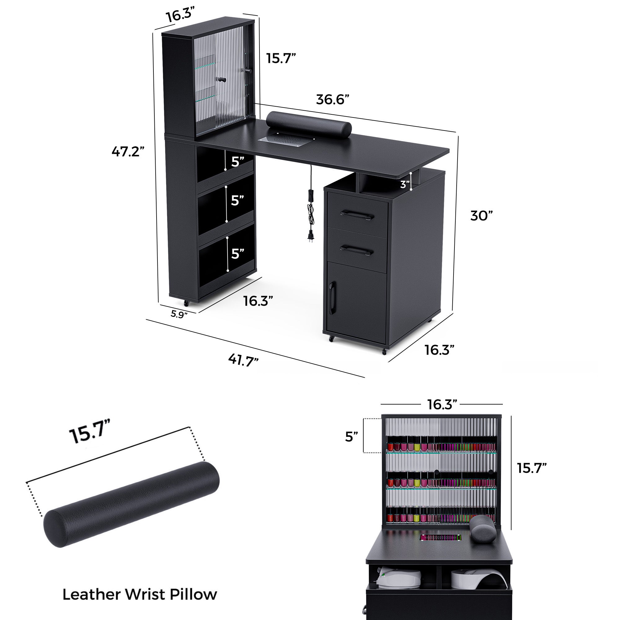 Advwin Manicure Table with Glass Door Cabinets & Wheels