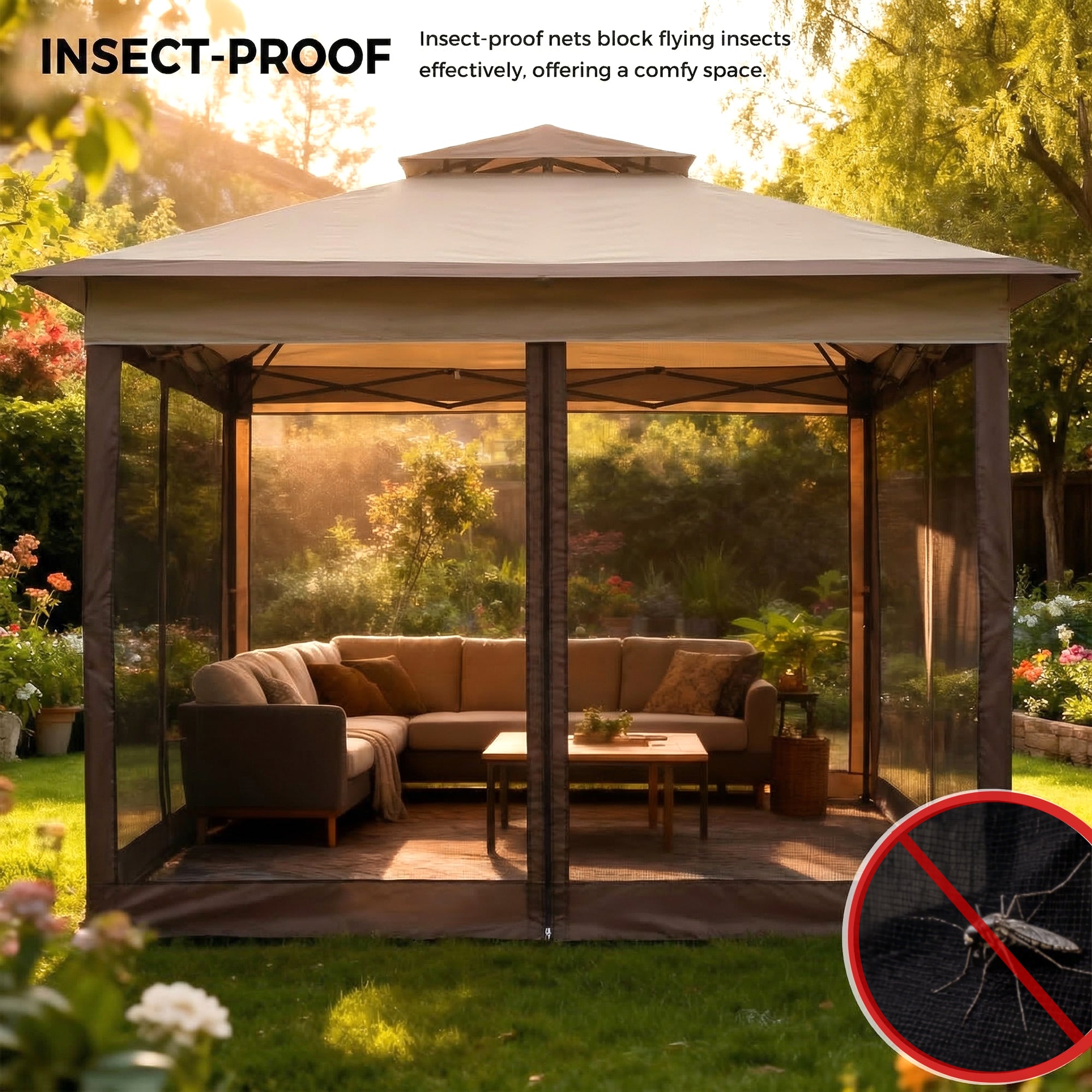 Insect-proof gazebo with outdoor furniture and garden setting