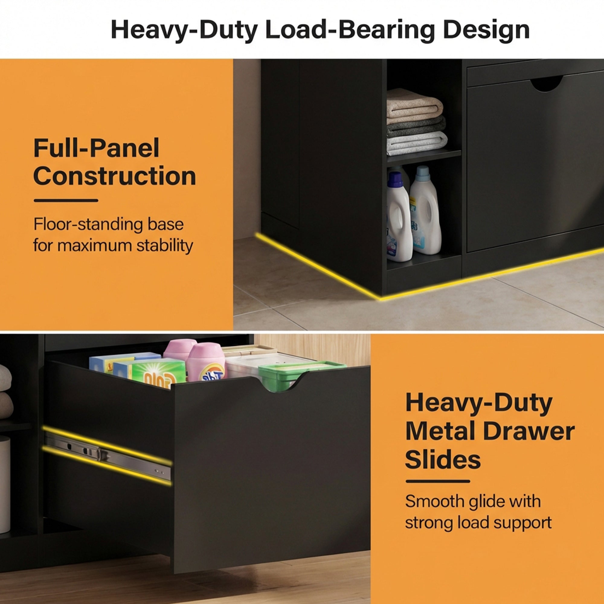 Black storage cabinet with text highlighting heavy-duty load-bearing design, full-panel construction, and heavy-duty metal drawer slides.