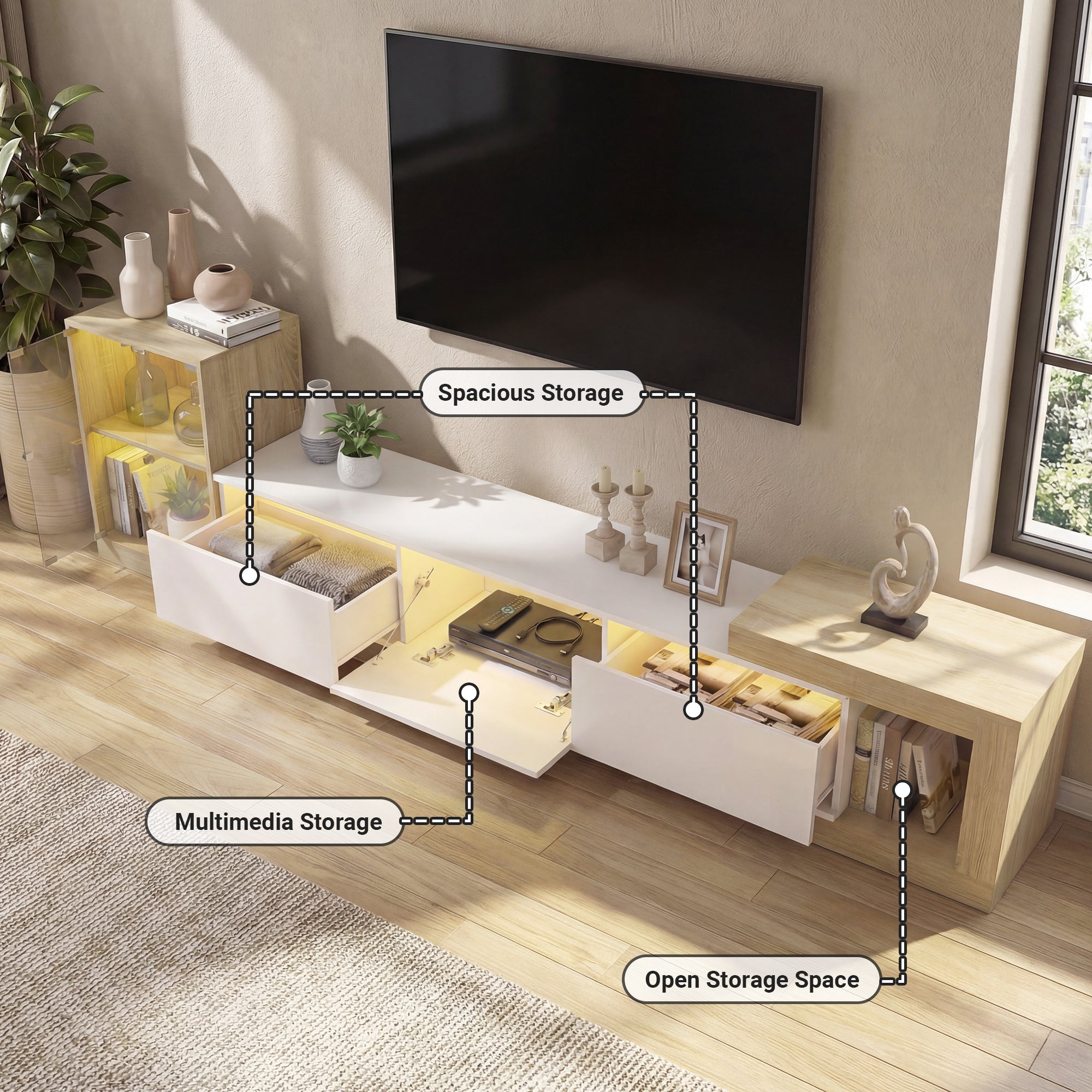 Modern TV stand with storage compartments in a living room setting