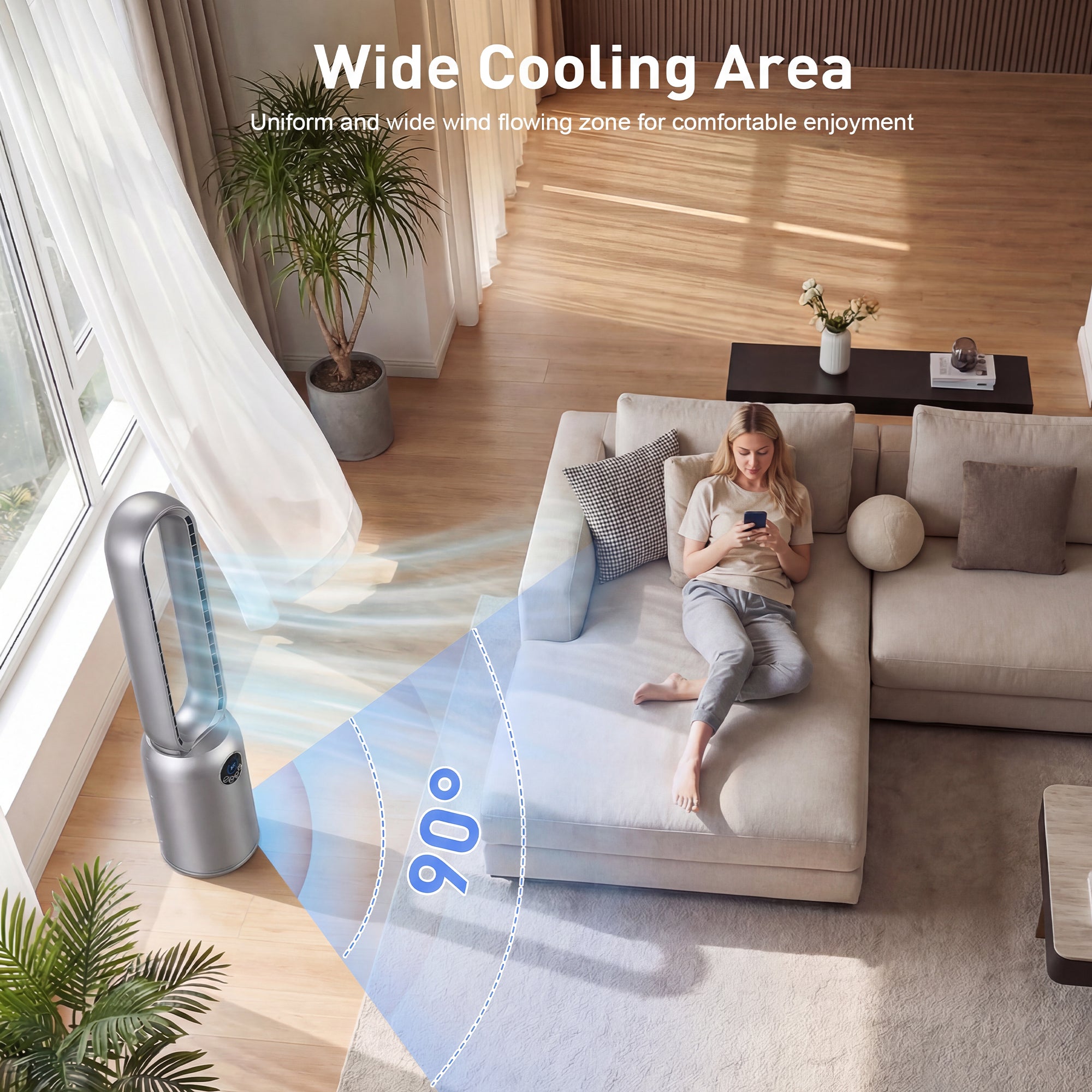 Woman using a smartphone on a couch with a cooling device emitting cool air, labeled 'Wide Cooling Area'.