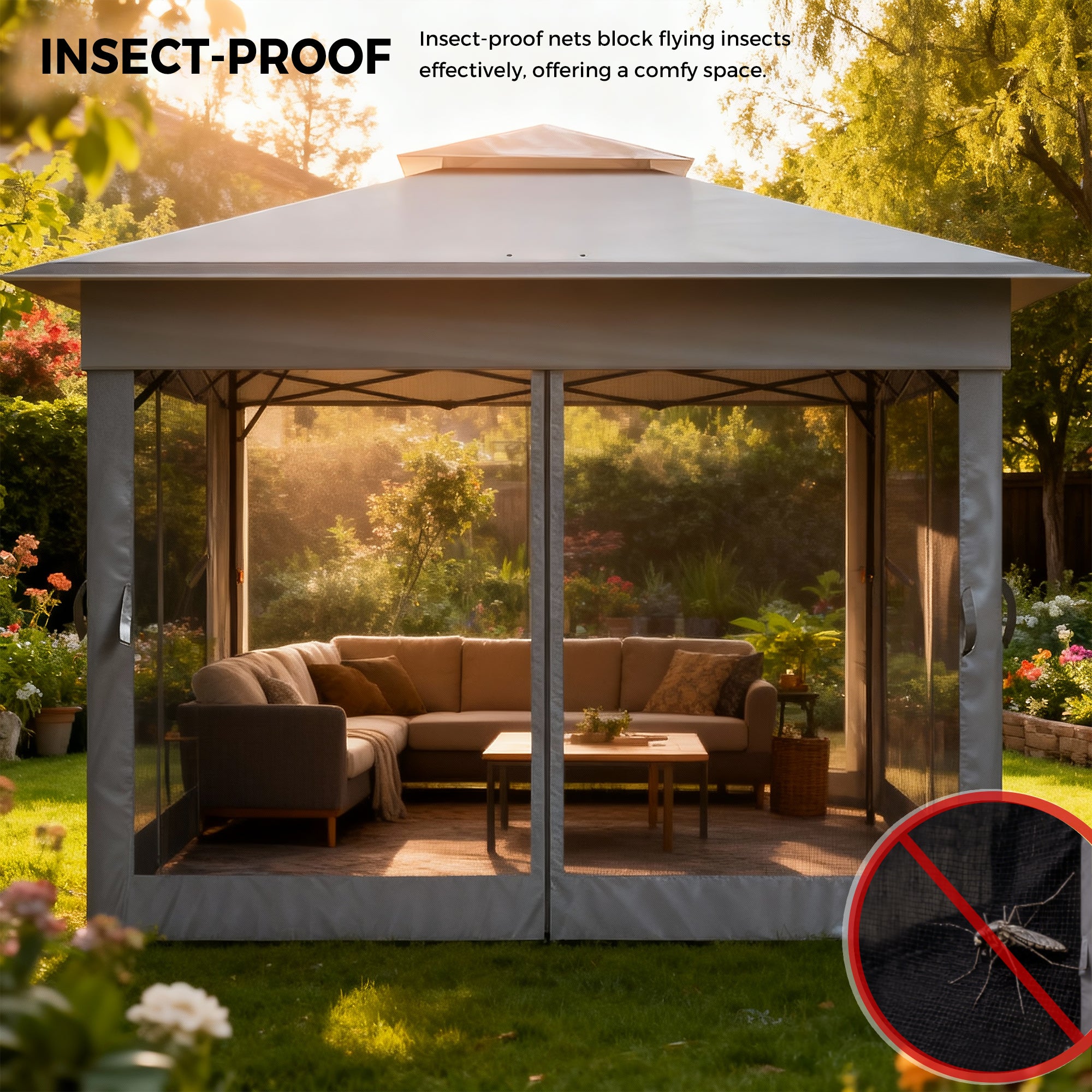 Insect-proof gazebo with outdoor furniture and a mosquito icon, set against a garden backdrop.