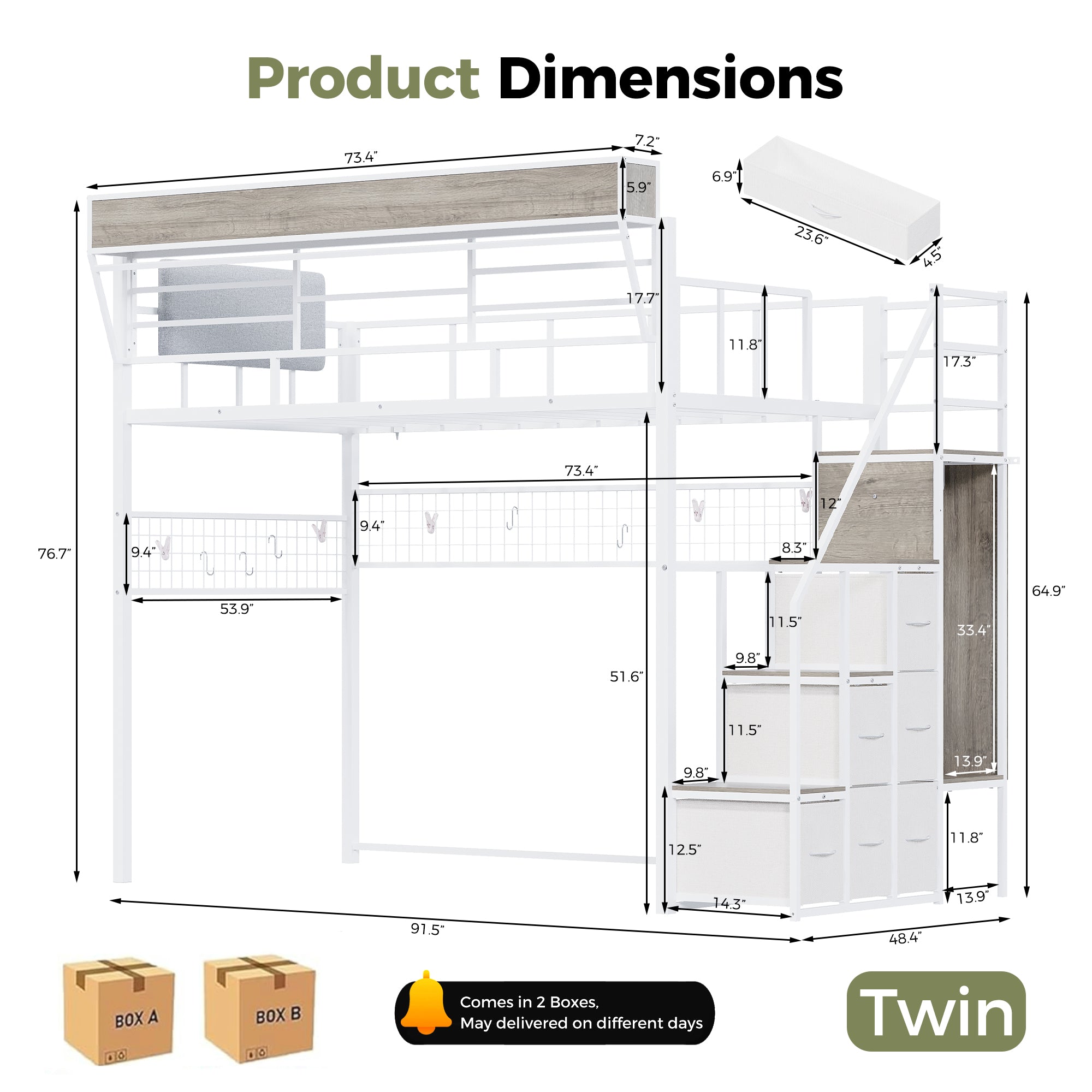 Advwin Loft Bed w/ Stairs, Storage and LED Light