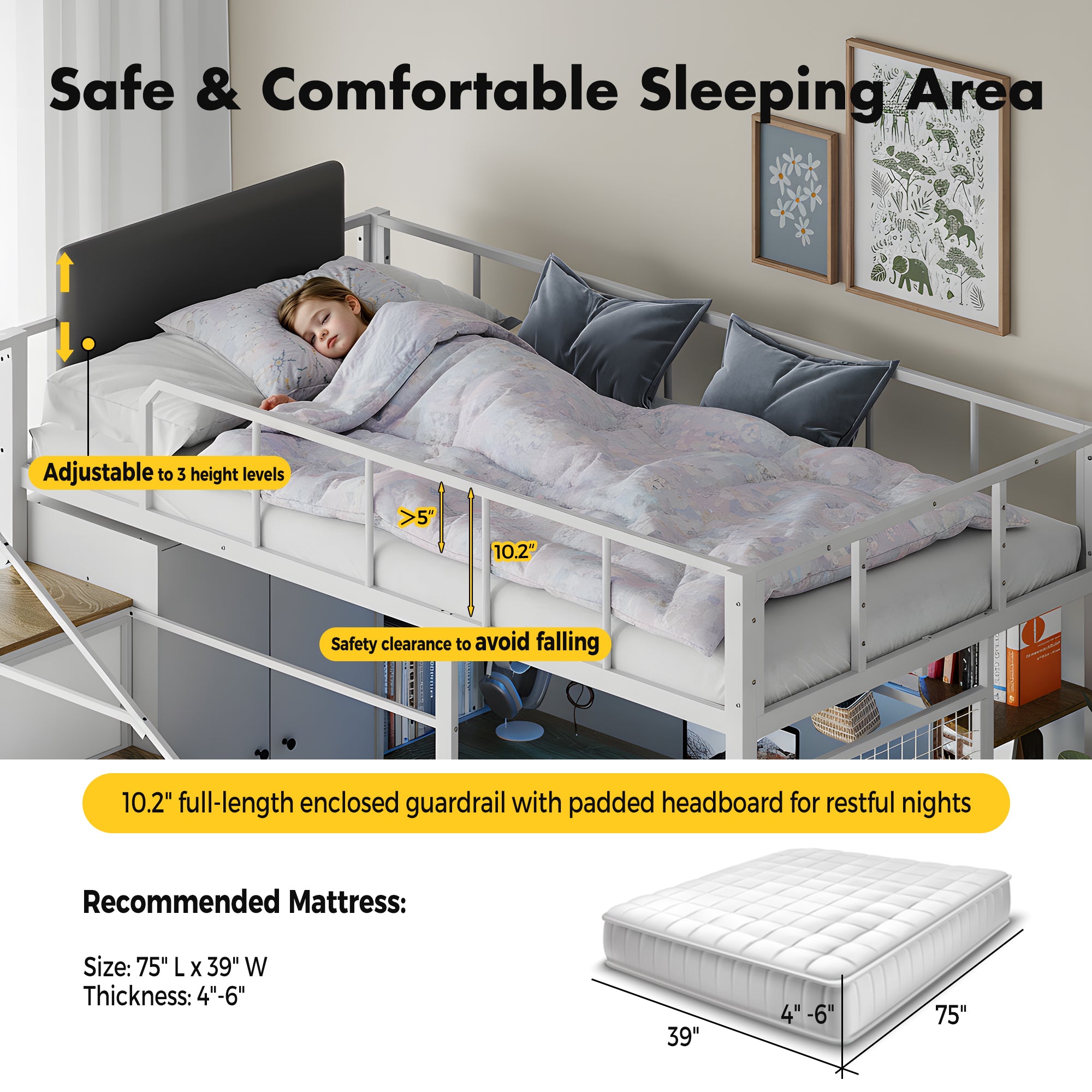 Advwin Space-Saving Loft Bed with LED Light & Drawers