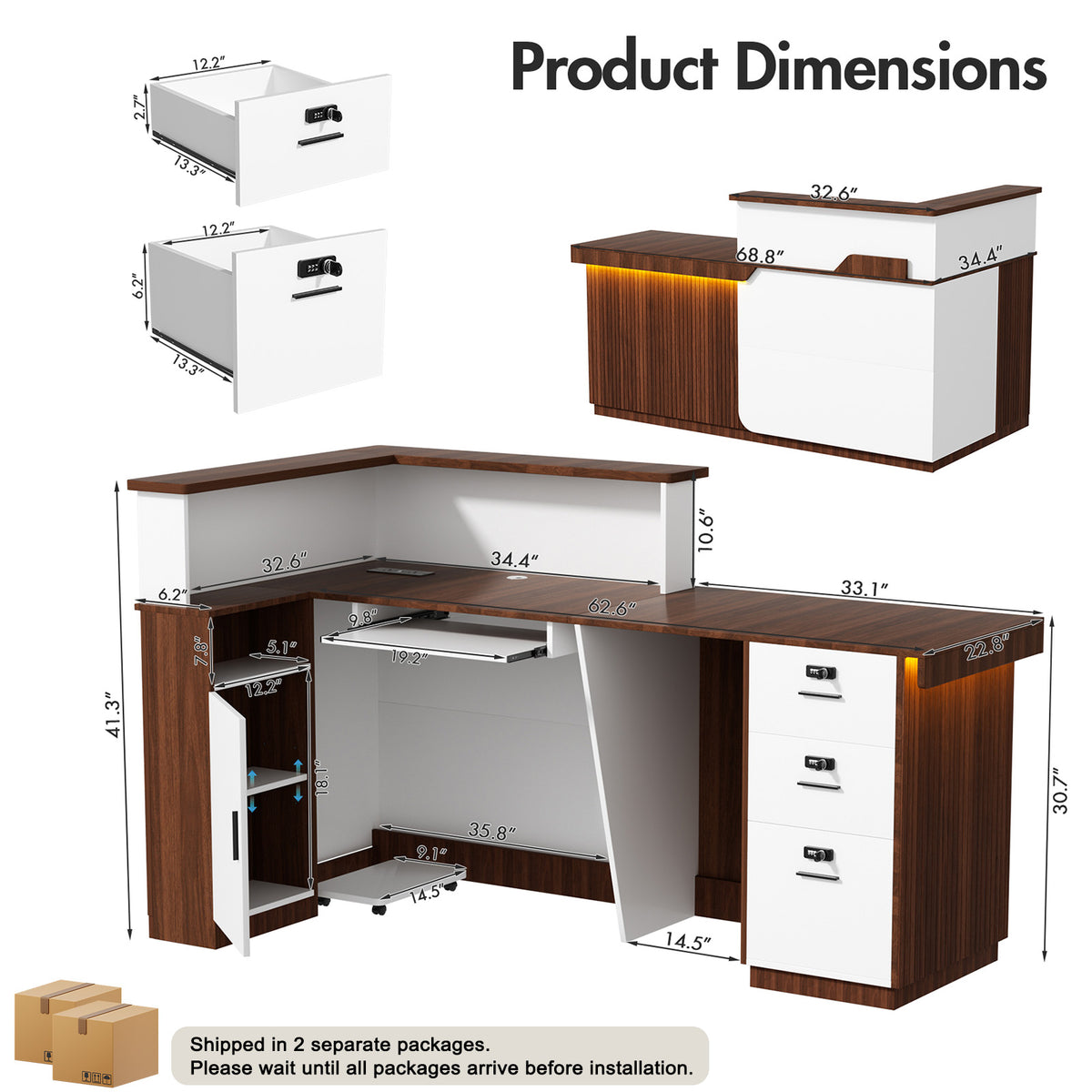 Advwin L-Shape Fluted Reception Desk w/ Counter & LED