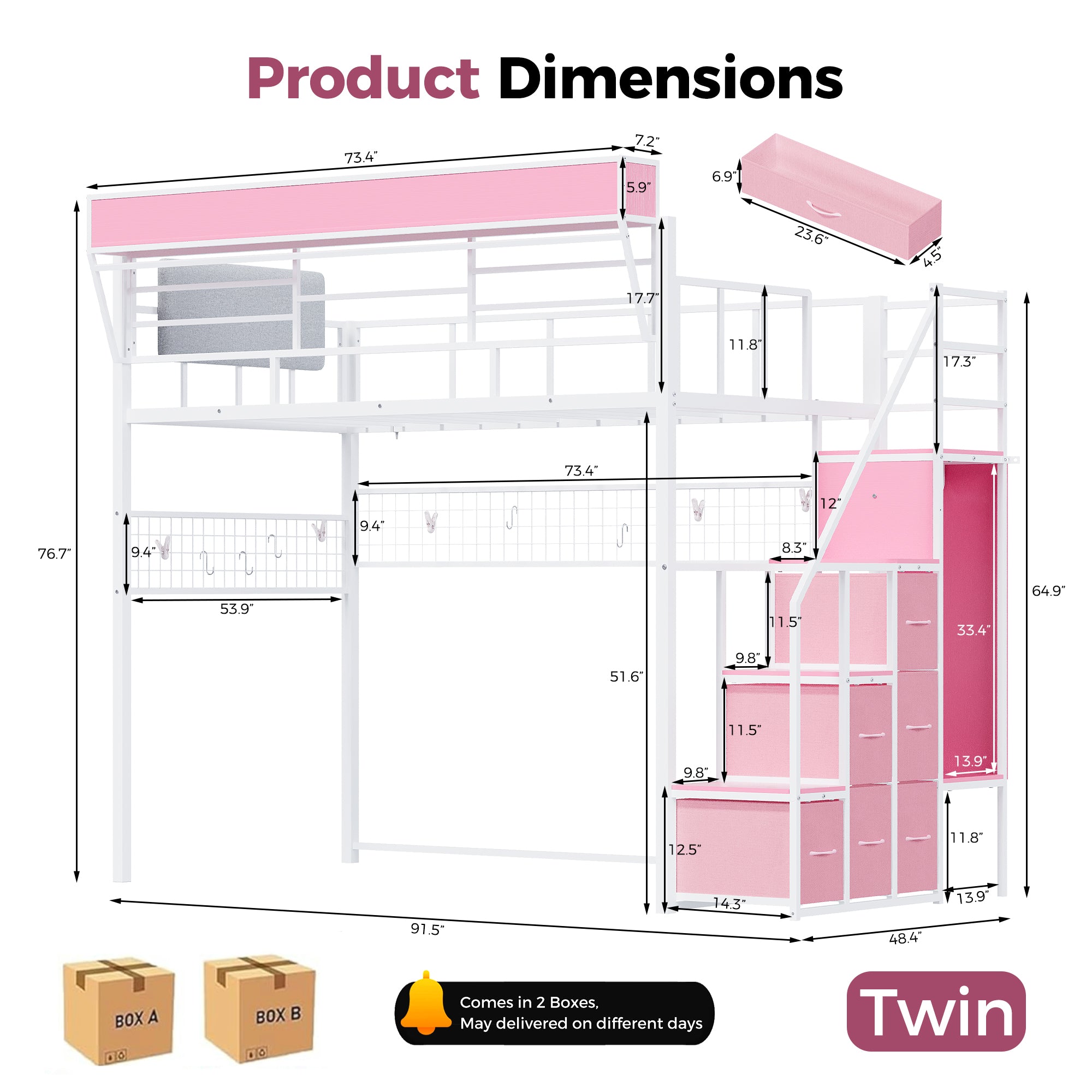 Advwin Loft Bed w/ Stairs, Storage and LED Light
