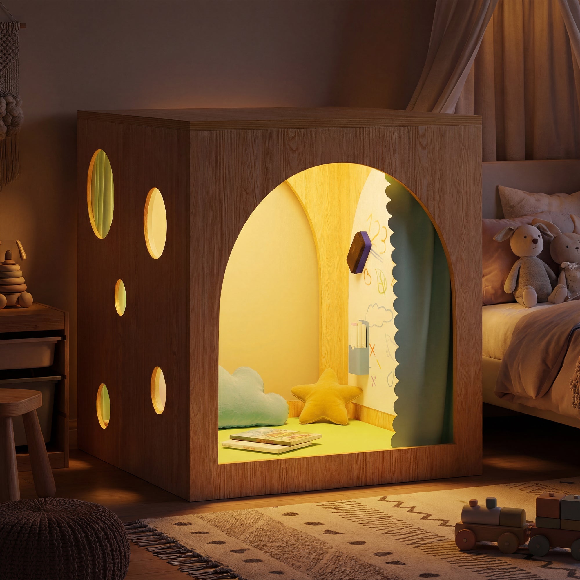 Wooden playhouse with colorful interior in a child's bedroom