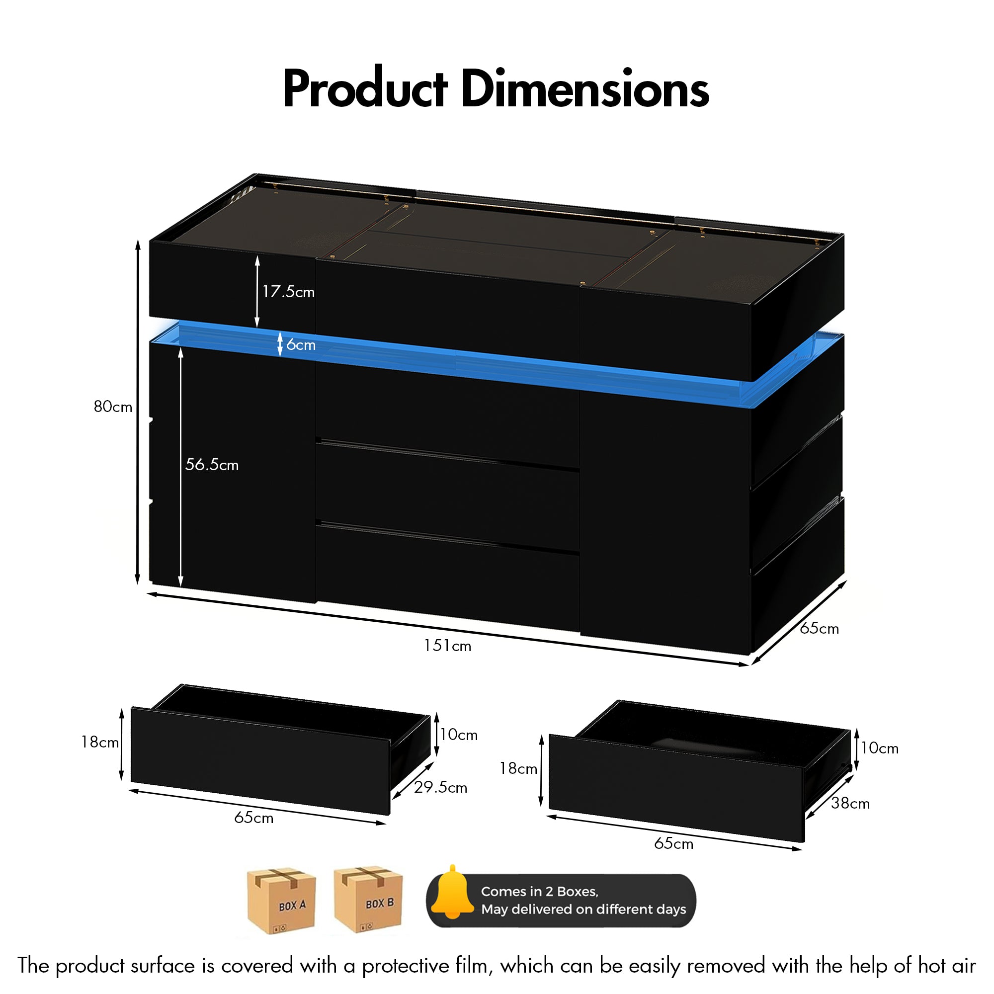 Product dimensions chart with black boxes and measurements on a white background