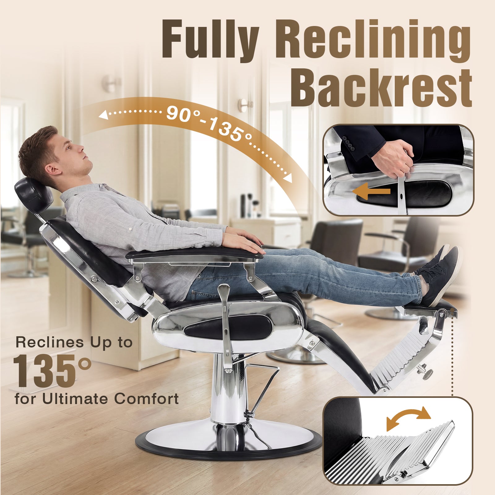 Man reclining in a fully reclining backrest chair with text and illustrations showing its range and comfort.