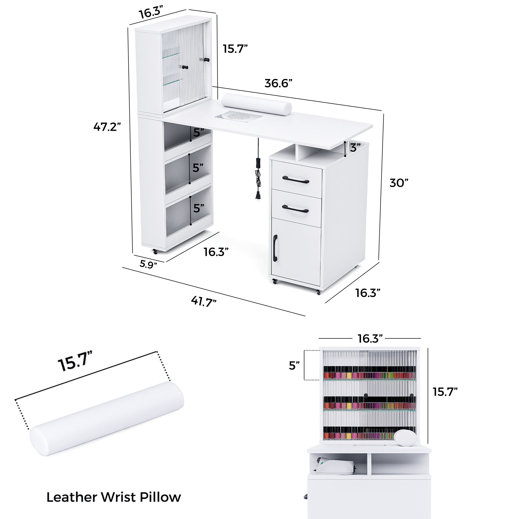 Advwin Manicure Table with Glass Door Cabinets & Wheels