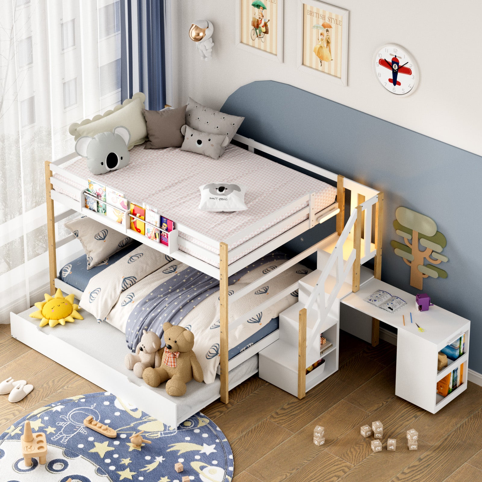 Children's room with a bunk bed, toys, and a small desk.