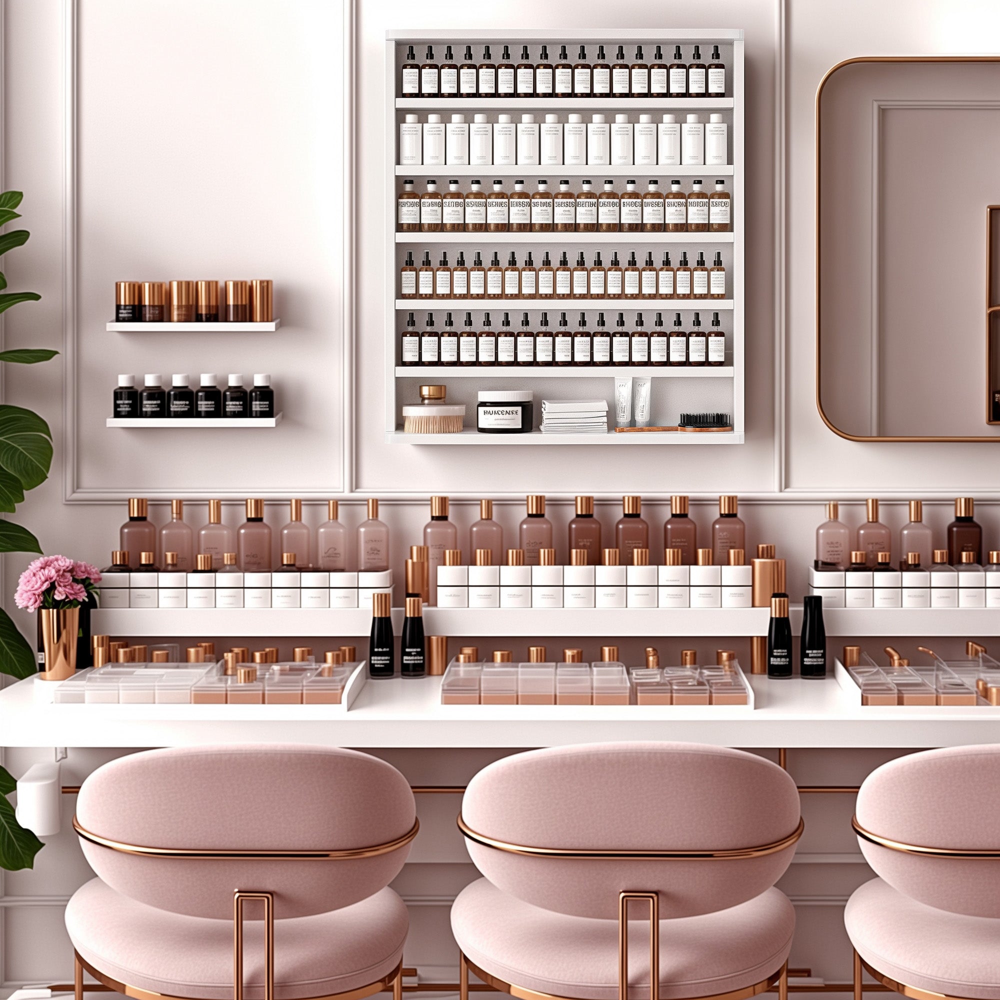 Modern interior with shelves displaying various bottles and pink stools.