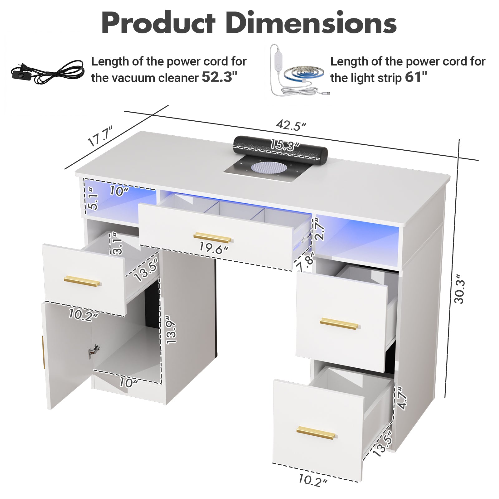 White desk with dimensions and power cord length information on a white background