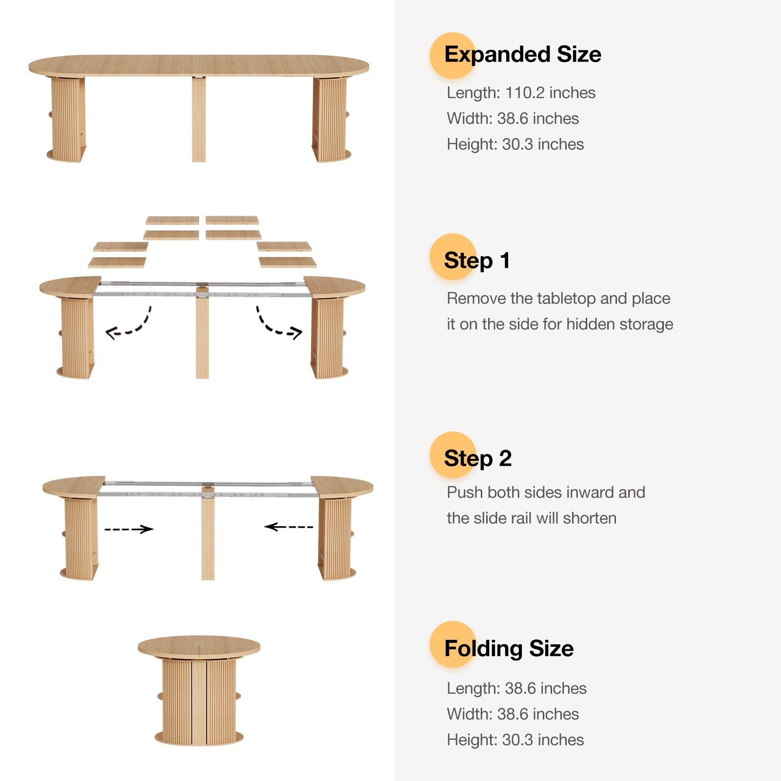 Wooden table with instructions on how to expand and fold it, showing measurements and steps.
