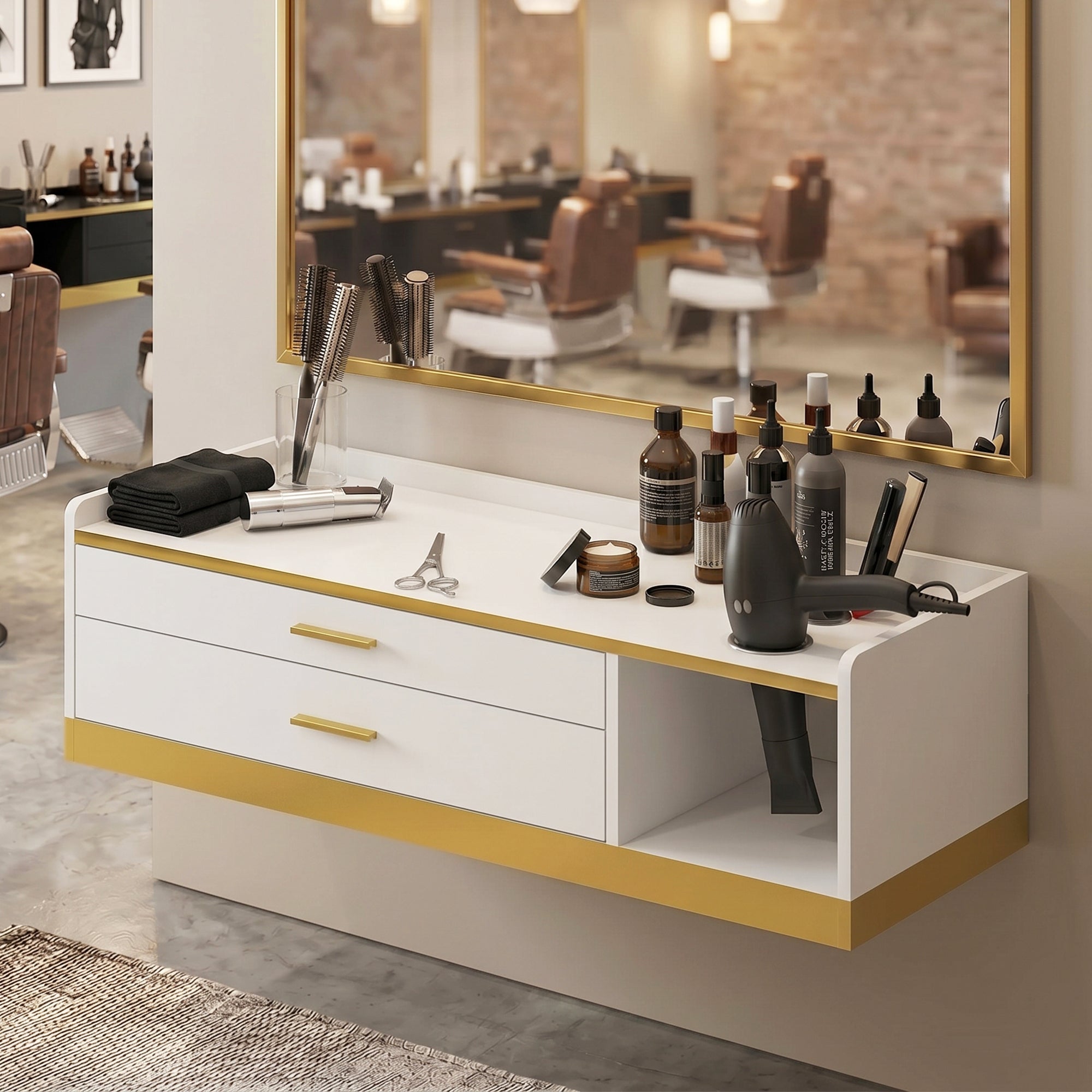 Advwin Wall Mount Barber Desk w/ Gold Accent