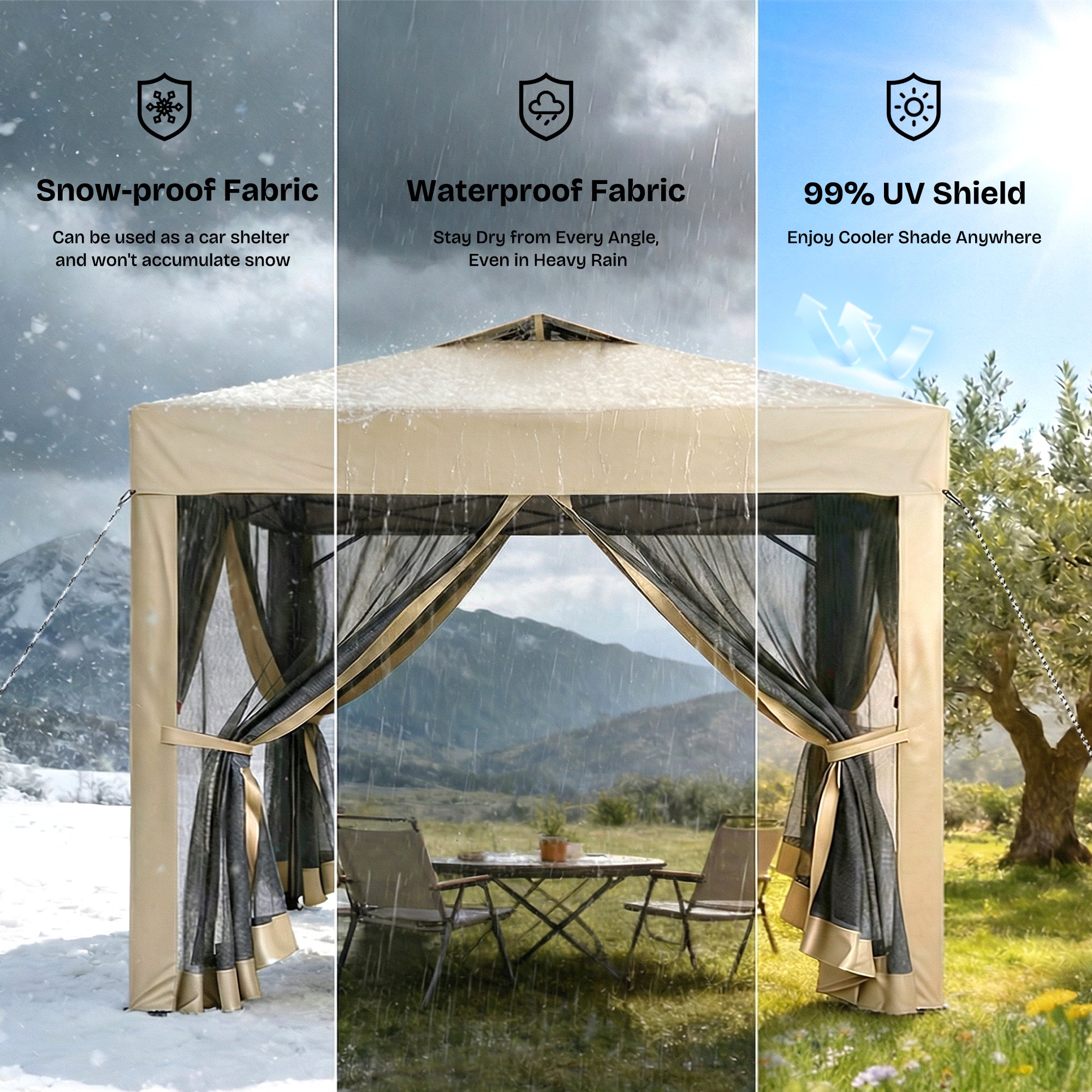 Outdoor canopy with snow-proof, waterproof, and UV shield features in various weather conditions.