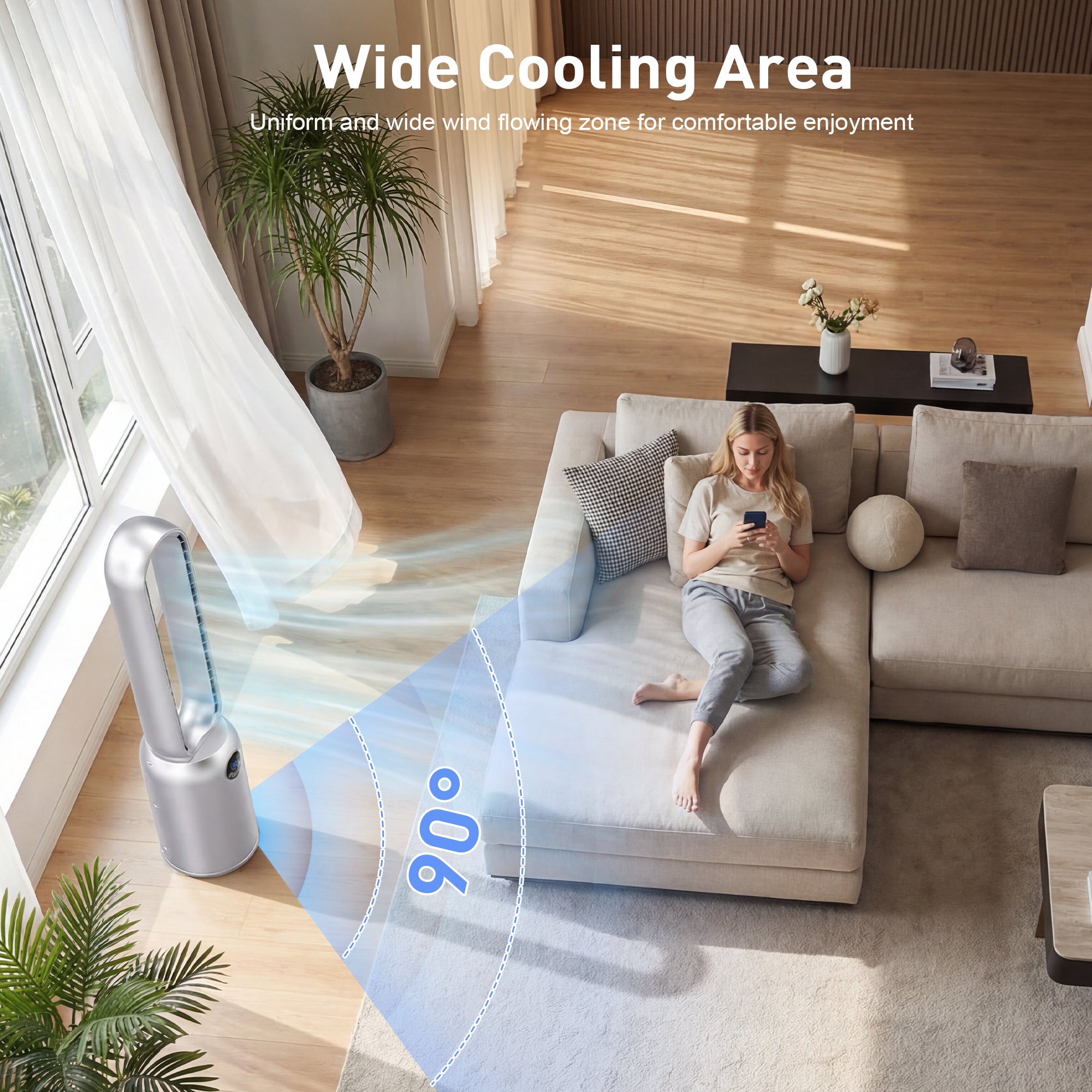 Woman using a smartphone on a couch with a wide cooling area feature highlighted