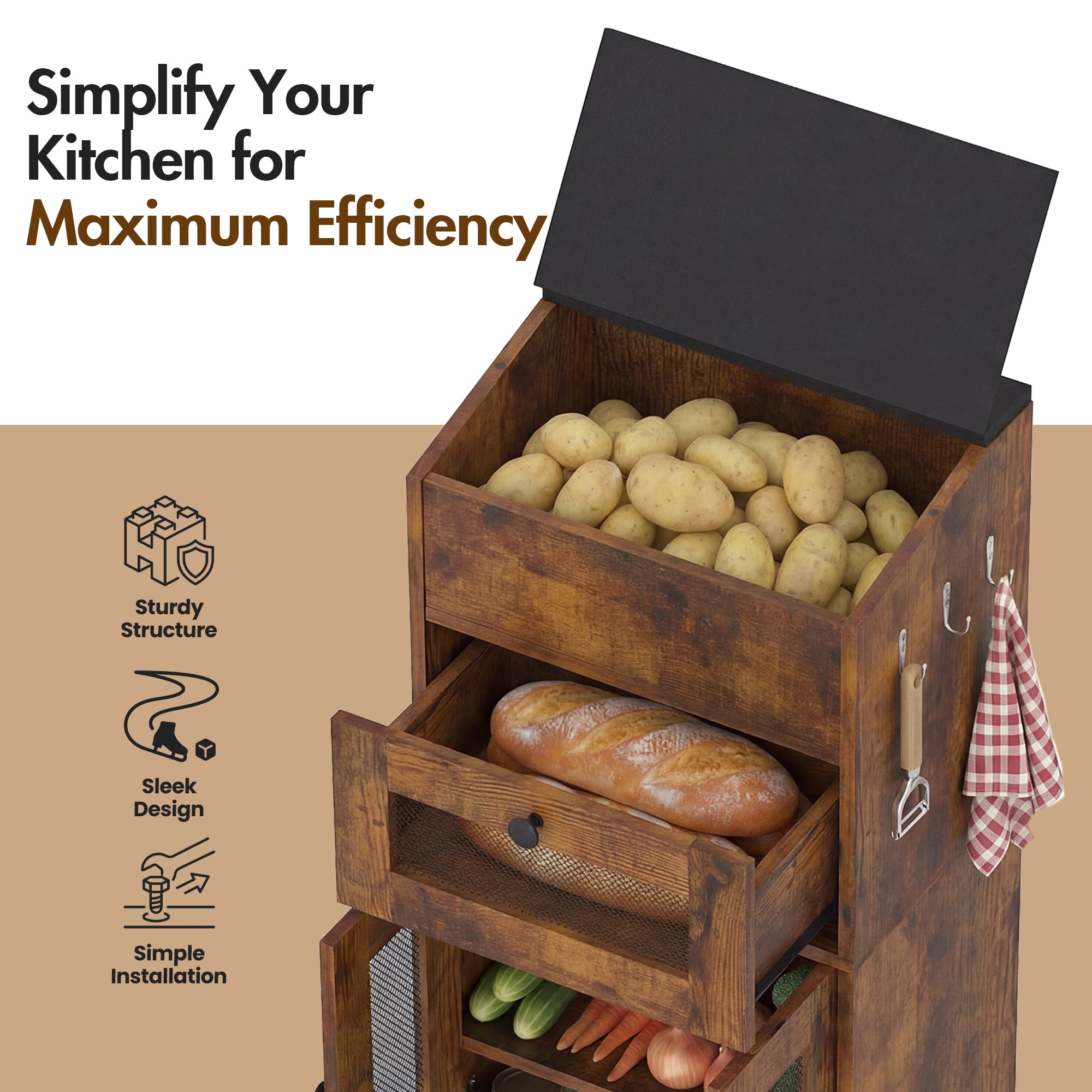 Advwin Multi-Compartment Wooden Fruit & Vegetable Cabinet