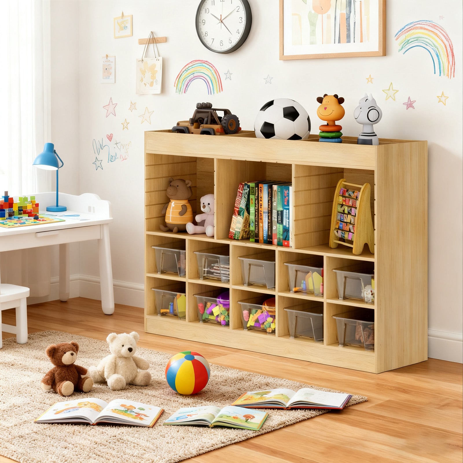 Children's room with a wooden bookshelf, toys, and books on a wooden floor.