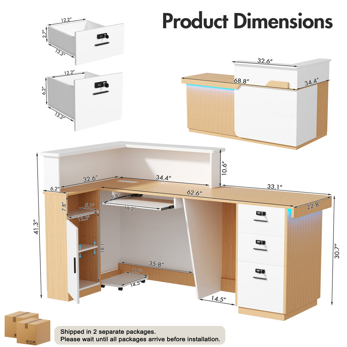 Advwin L-Shape Fluted Reception Desk w/ Counter & LED
