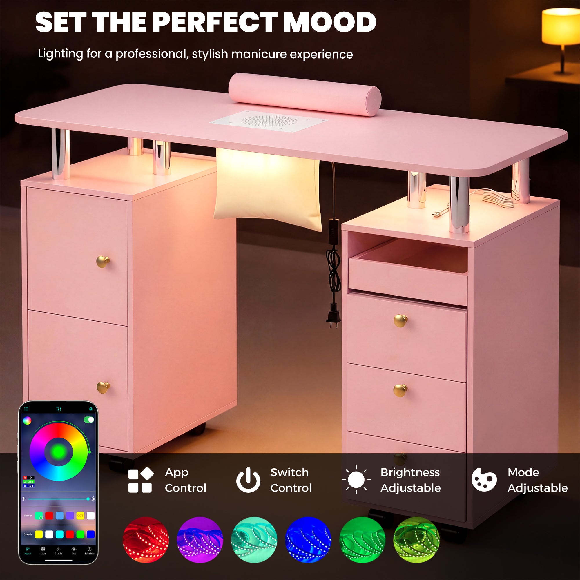 Advwin Nail Table w/ Dust Collector & Lockable Wheels Pink