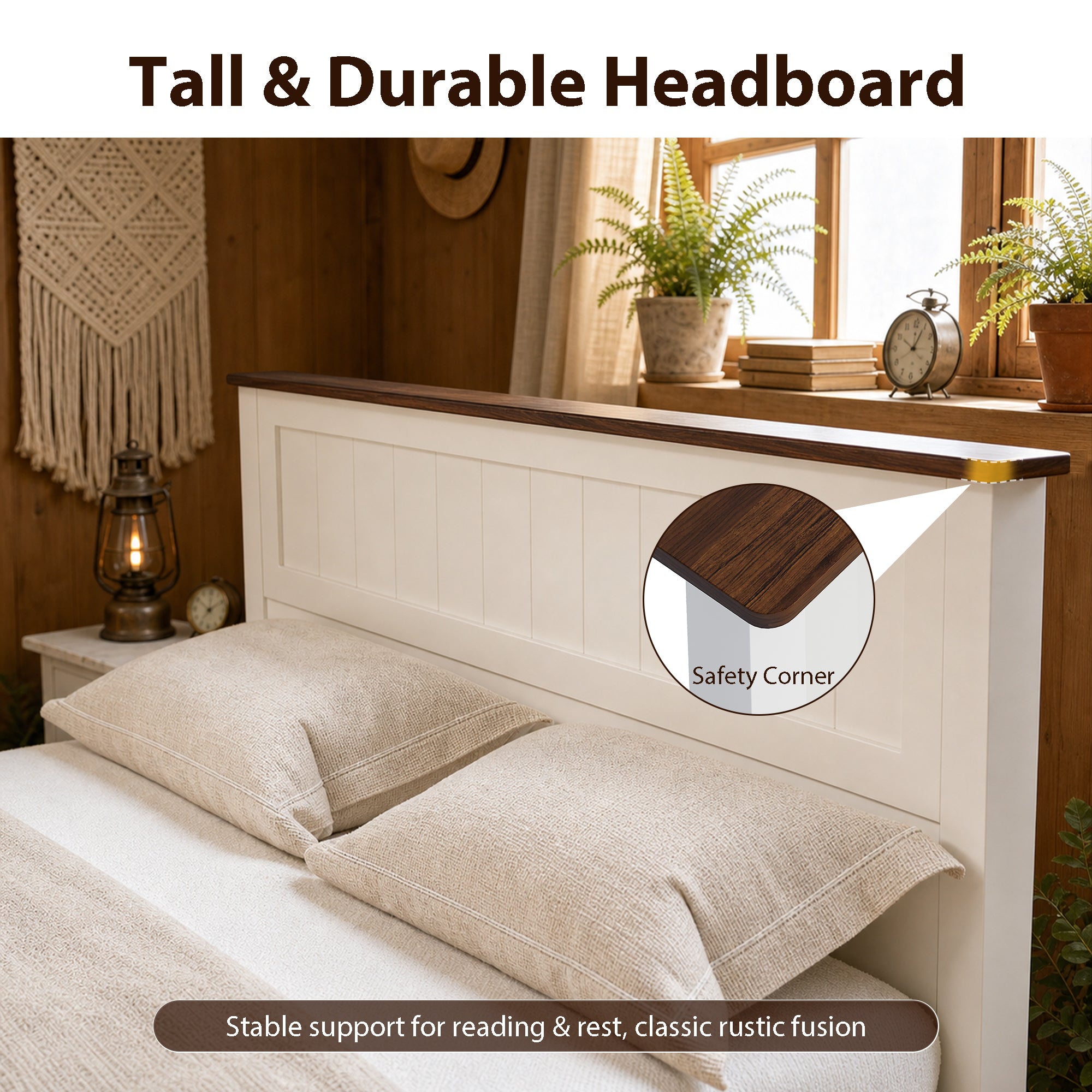 Advwin Queen Farmhouse Bed w/ Headboard & Storage Bench