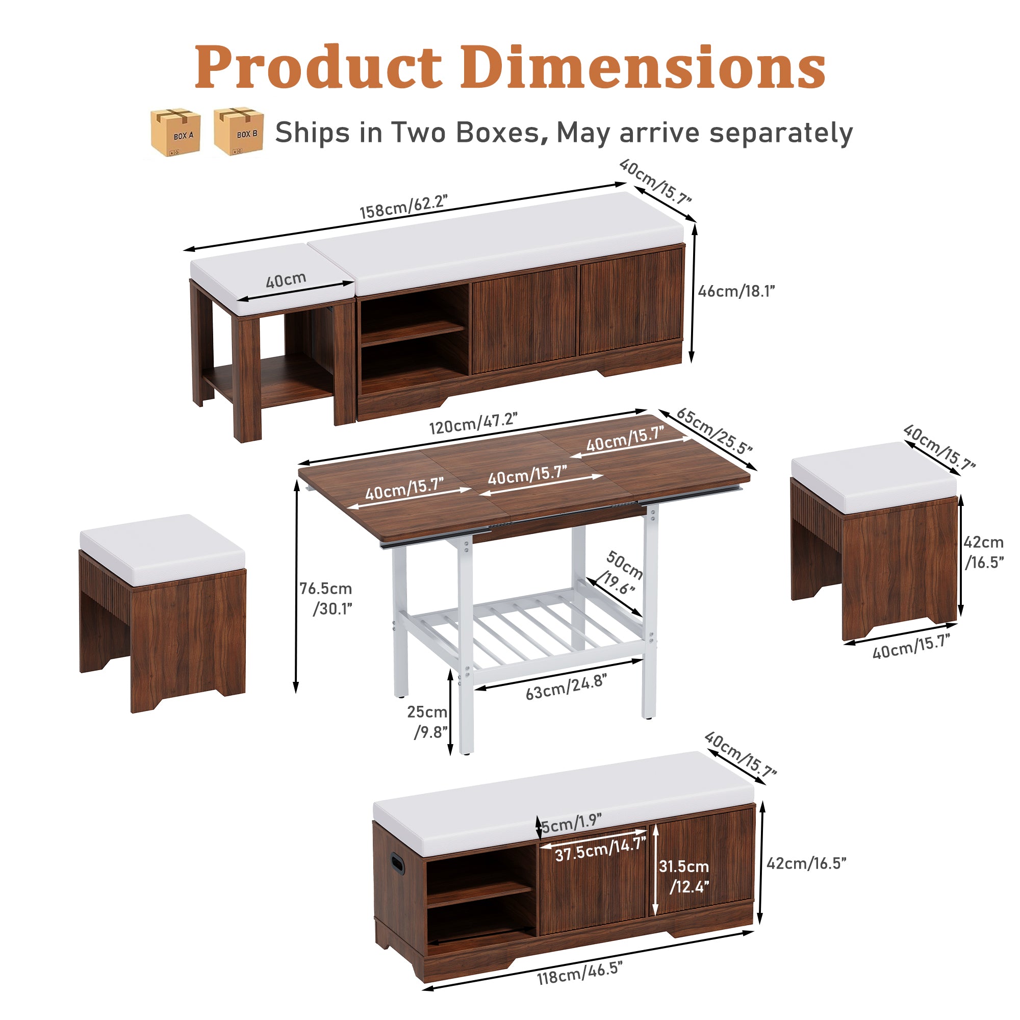 Product dimensions of a wooden furniture set with measurements labeled.