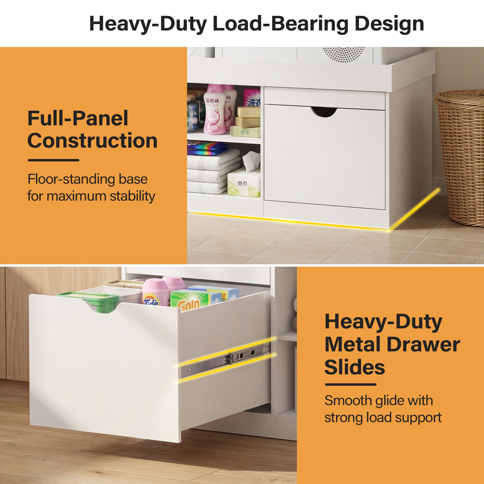 Storage cabinet with drawers labeled 'Heavy-Duty Load-Bearing Design' and 'Full-Panel Construction'.